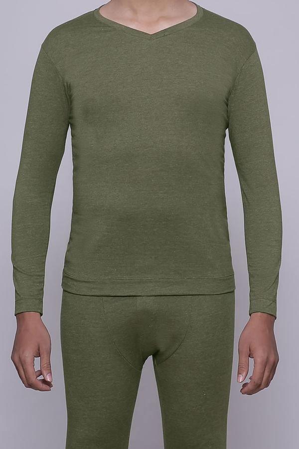 HEATTECH thermal warmer top, green long-sleeve V-neck