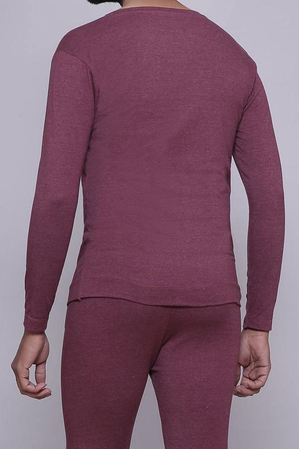Maroon V-neck long-sleeve fitted knit top, plain back with straight hem