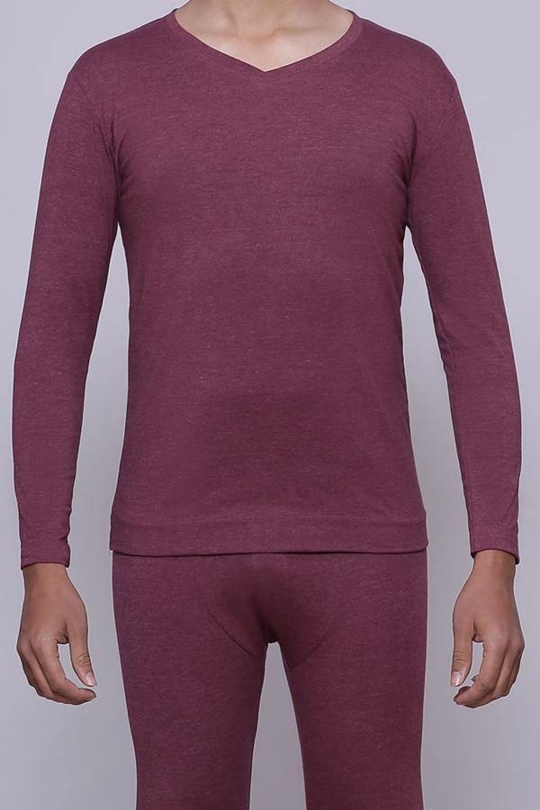 Maroon V-neck long-sleeve fitted knit top with straight hem
