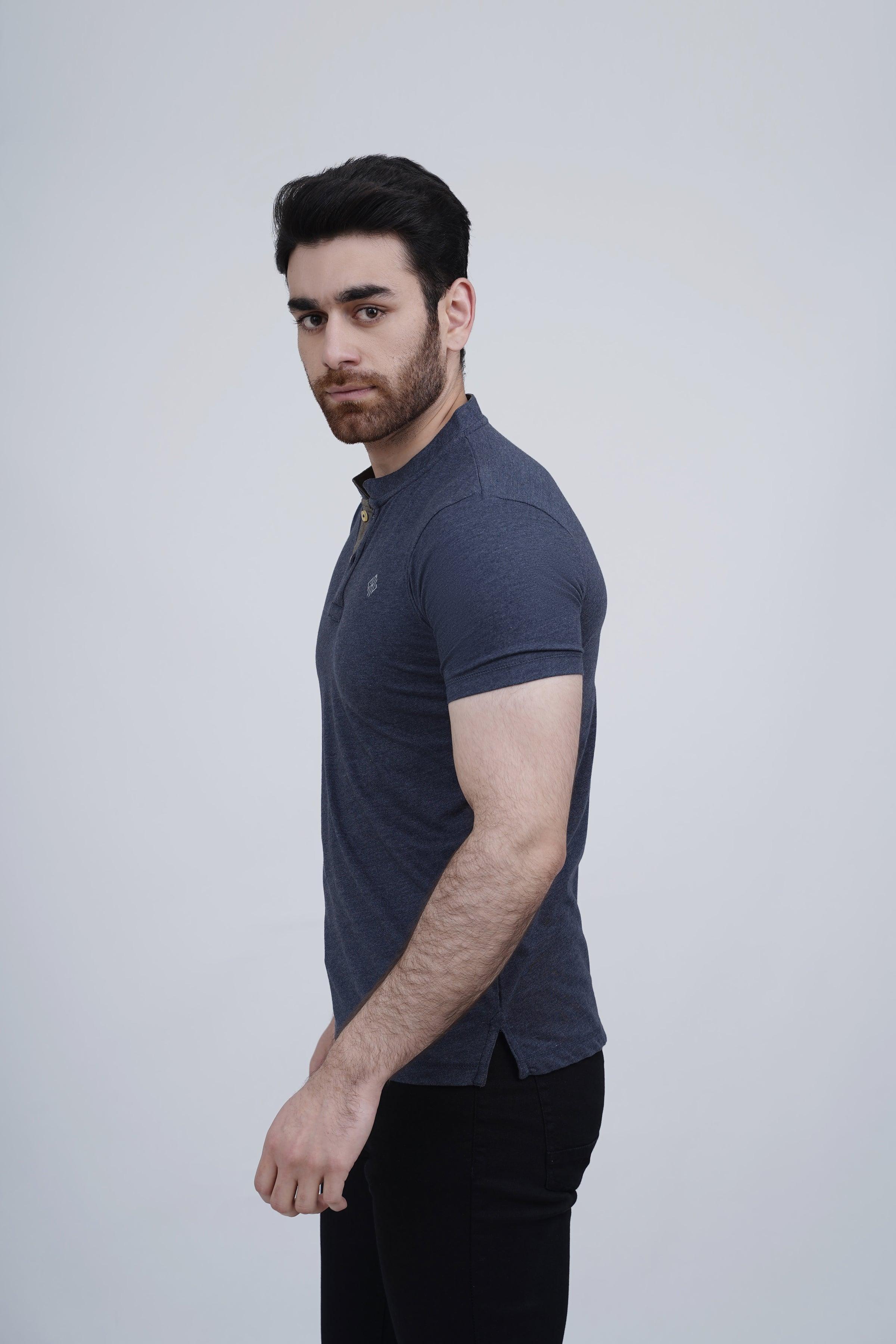 Navy polo T-shirt, side view with short sleeves and button placket
