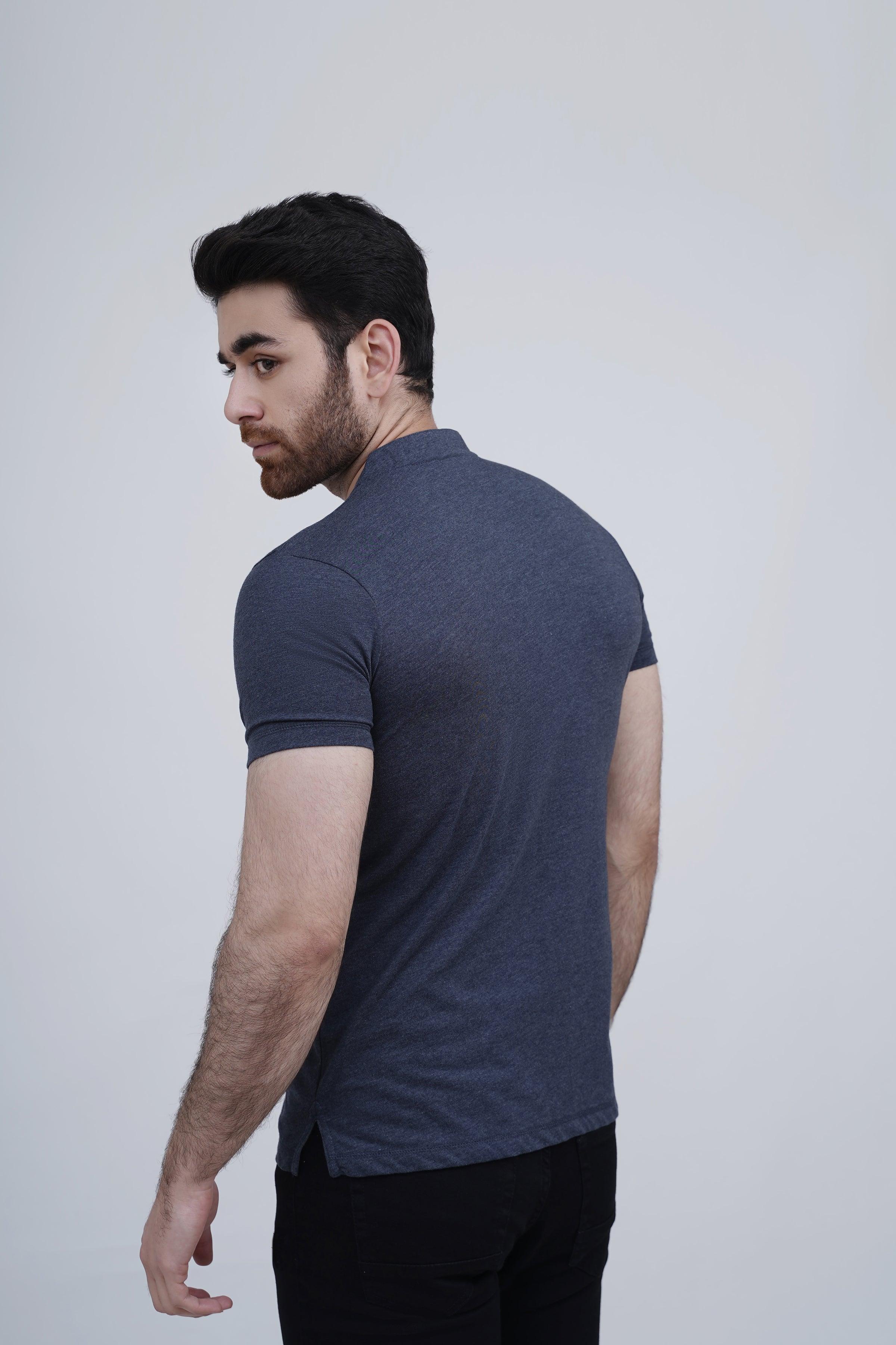 Navy polo T-shirt, back/side view with short sleeves