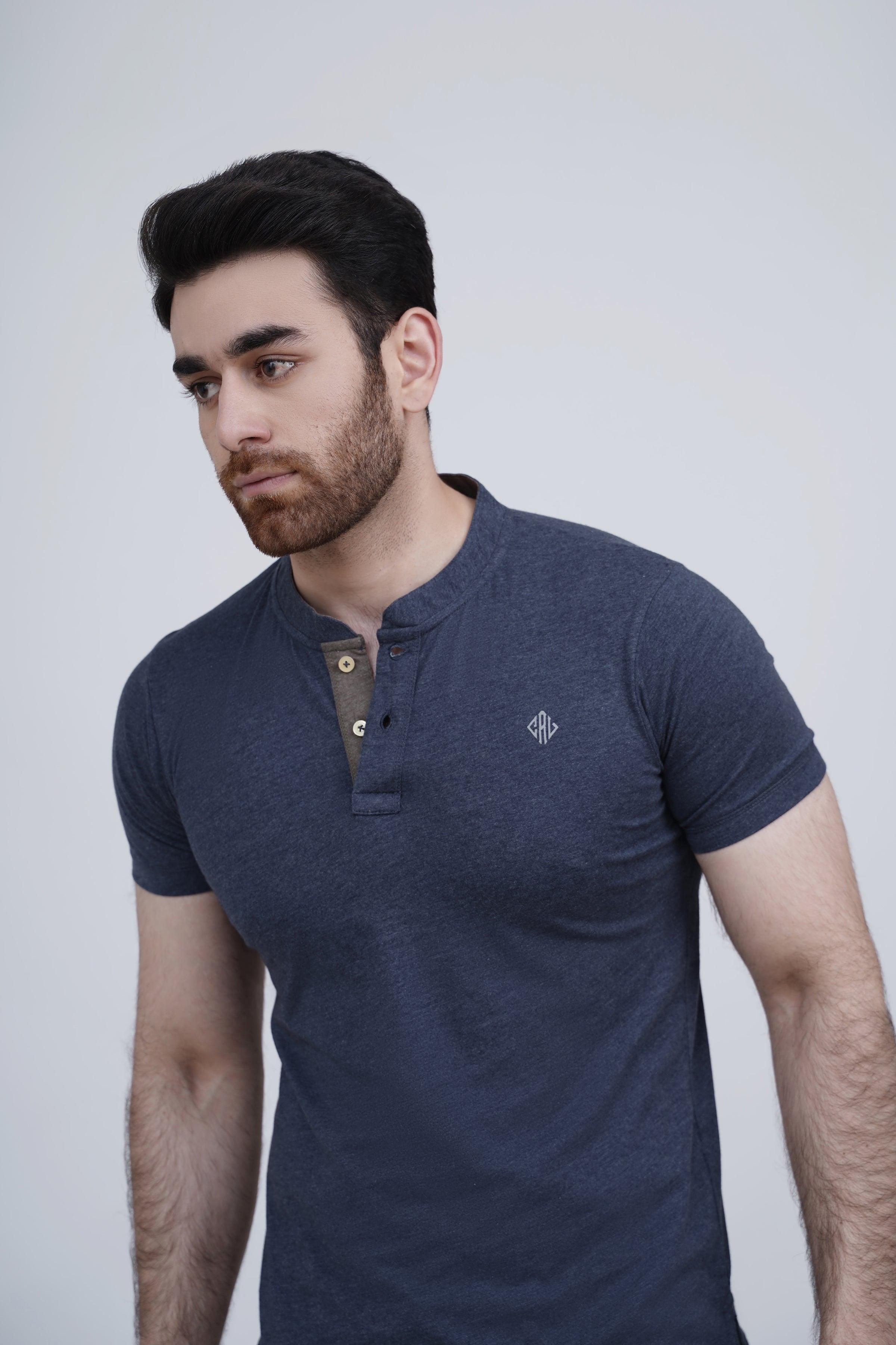 Navy polo T-shirt close-up of collar and button placket