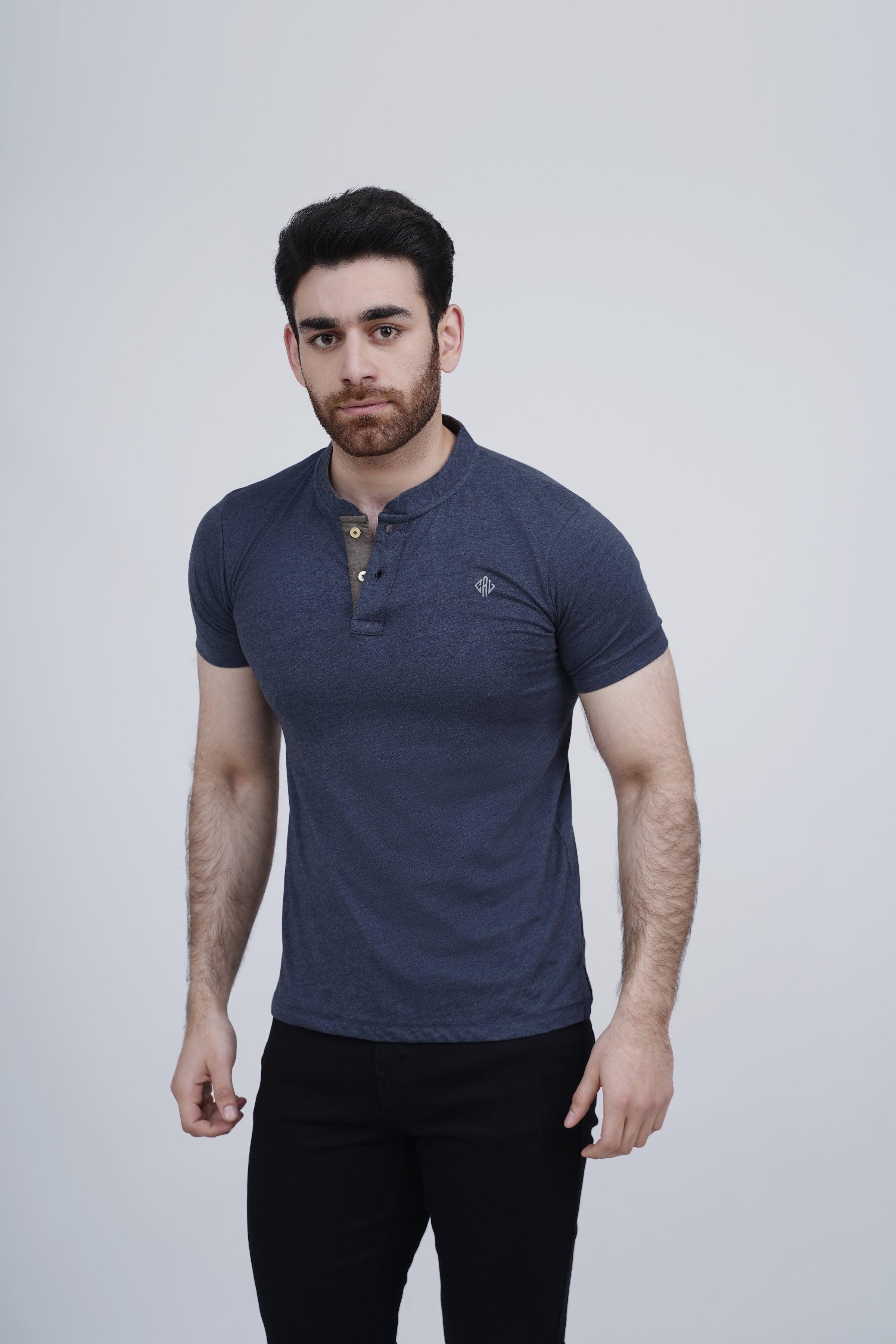 Navy Henlay polo T-shirt with short sleeves and buttoned placket, front view