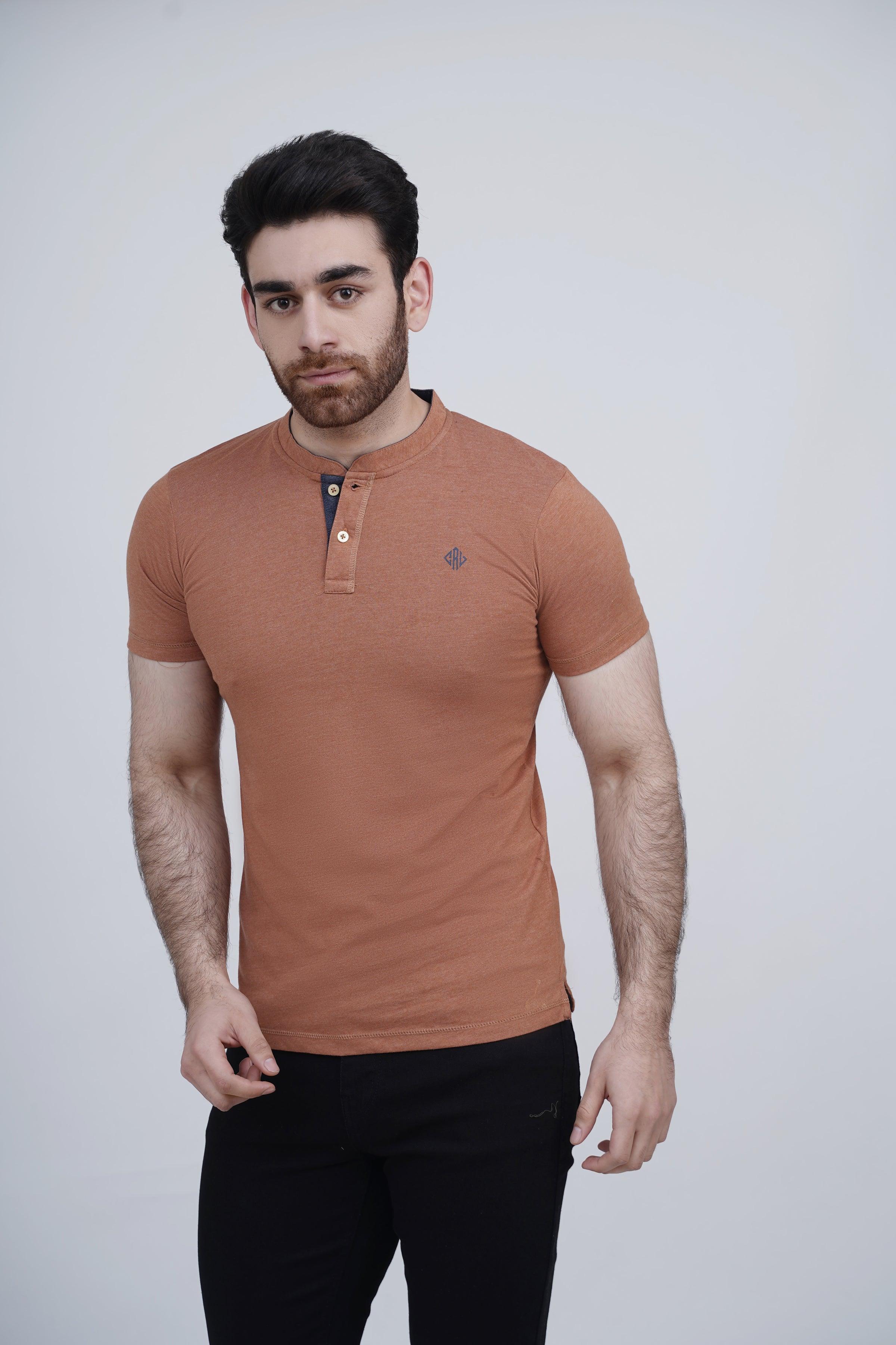 Rust henley T-shirt with short sleeves and button placket, small chest logo