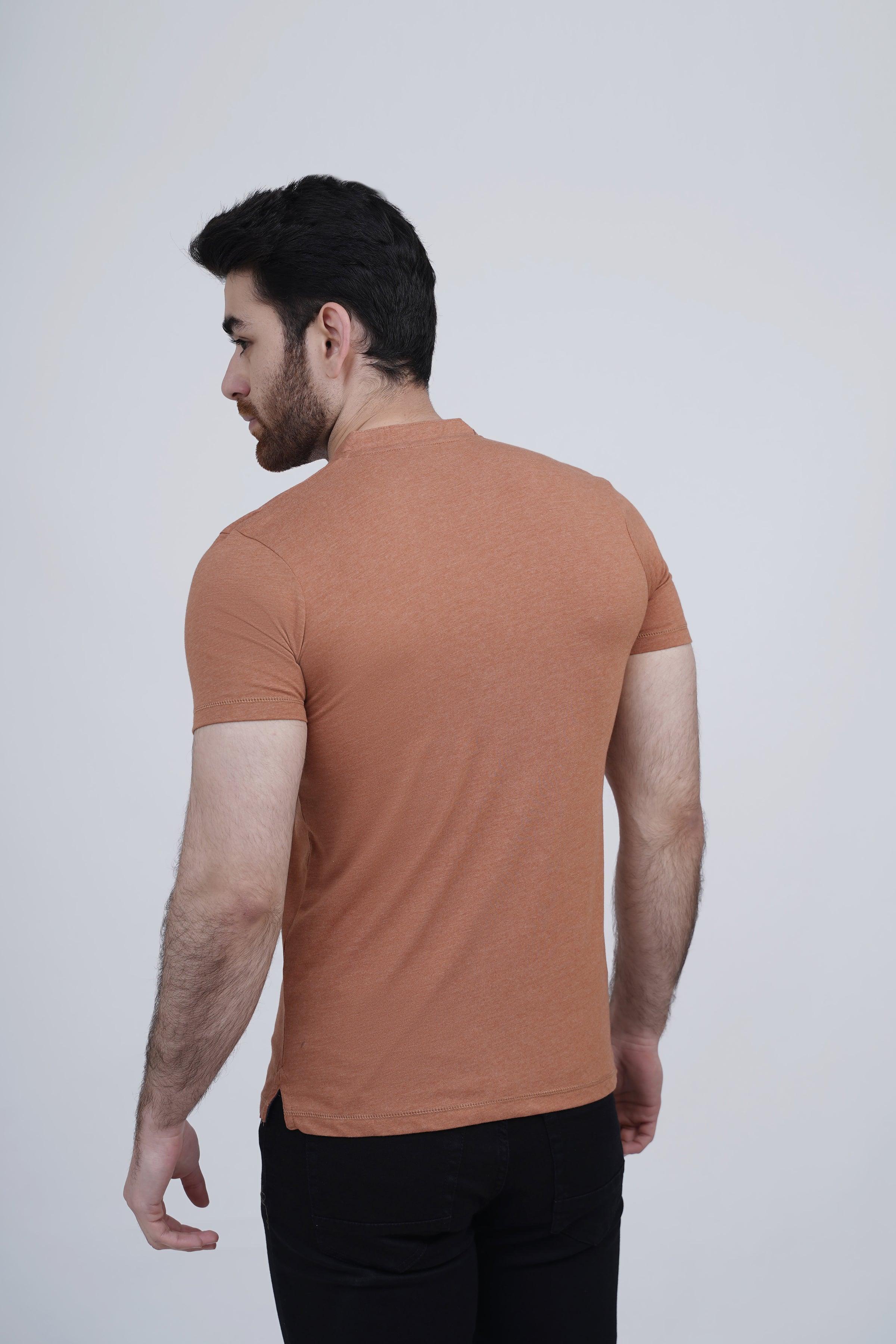 Rust henley T-shirt with short sleeves; back view