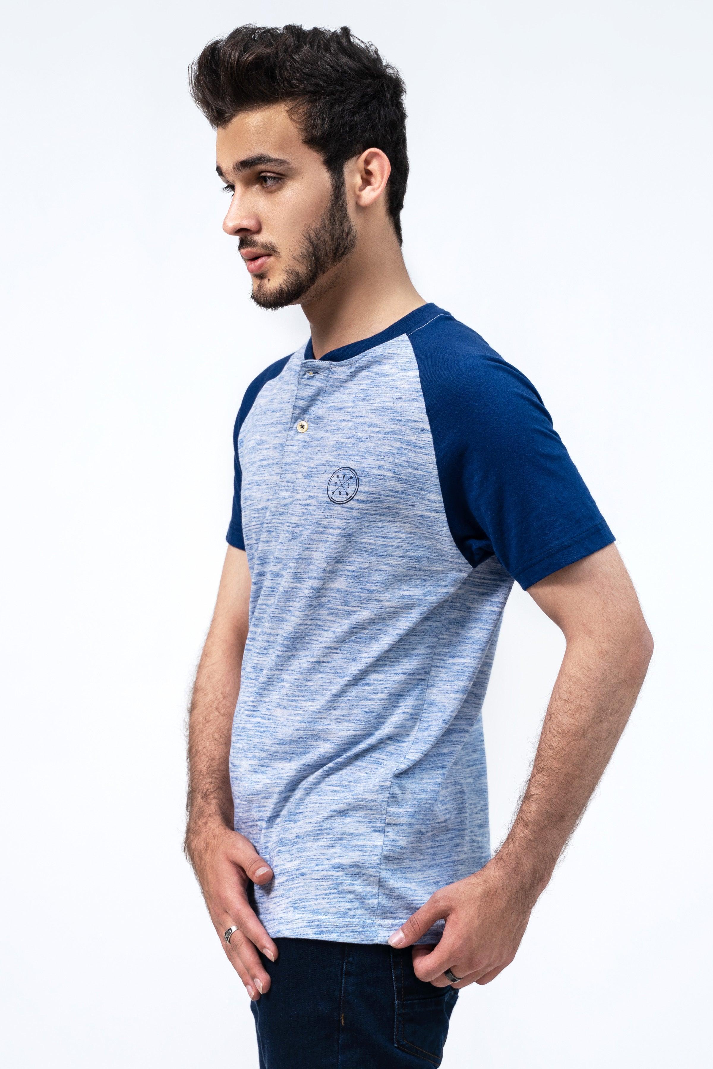 Blue and heather gray raglan henley t-shirt with short sleeves and chest button placket