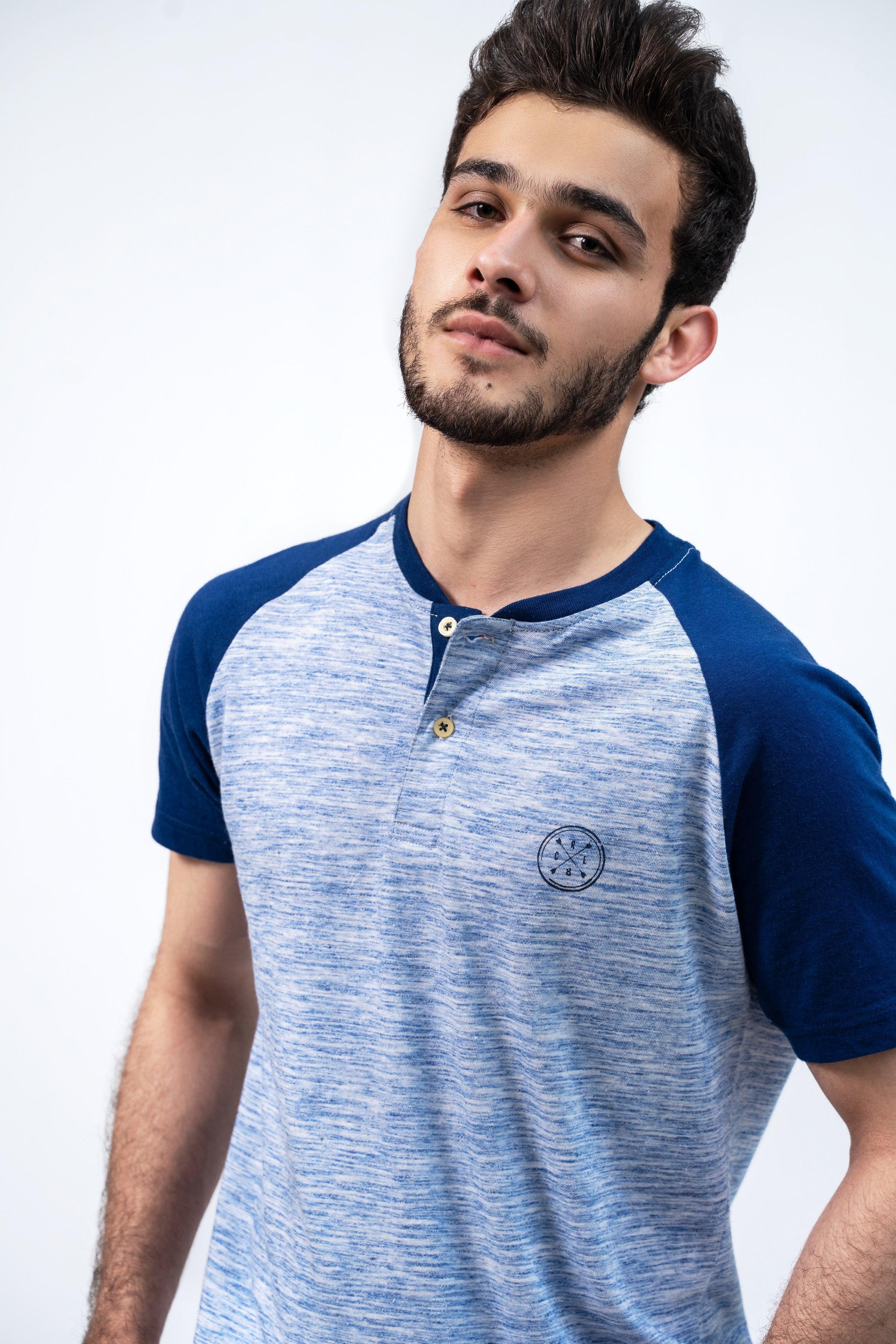 Blue and heather gray raglan henley t-shirt with short button placket and chest emblem