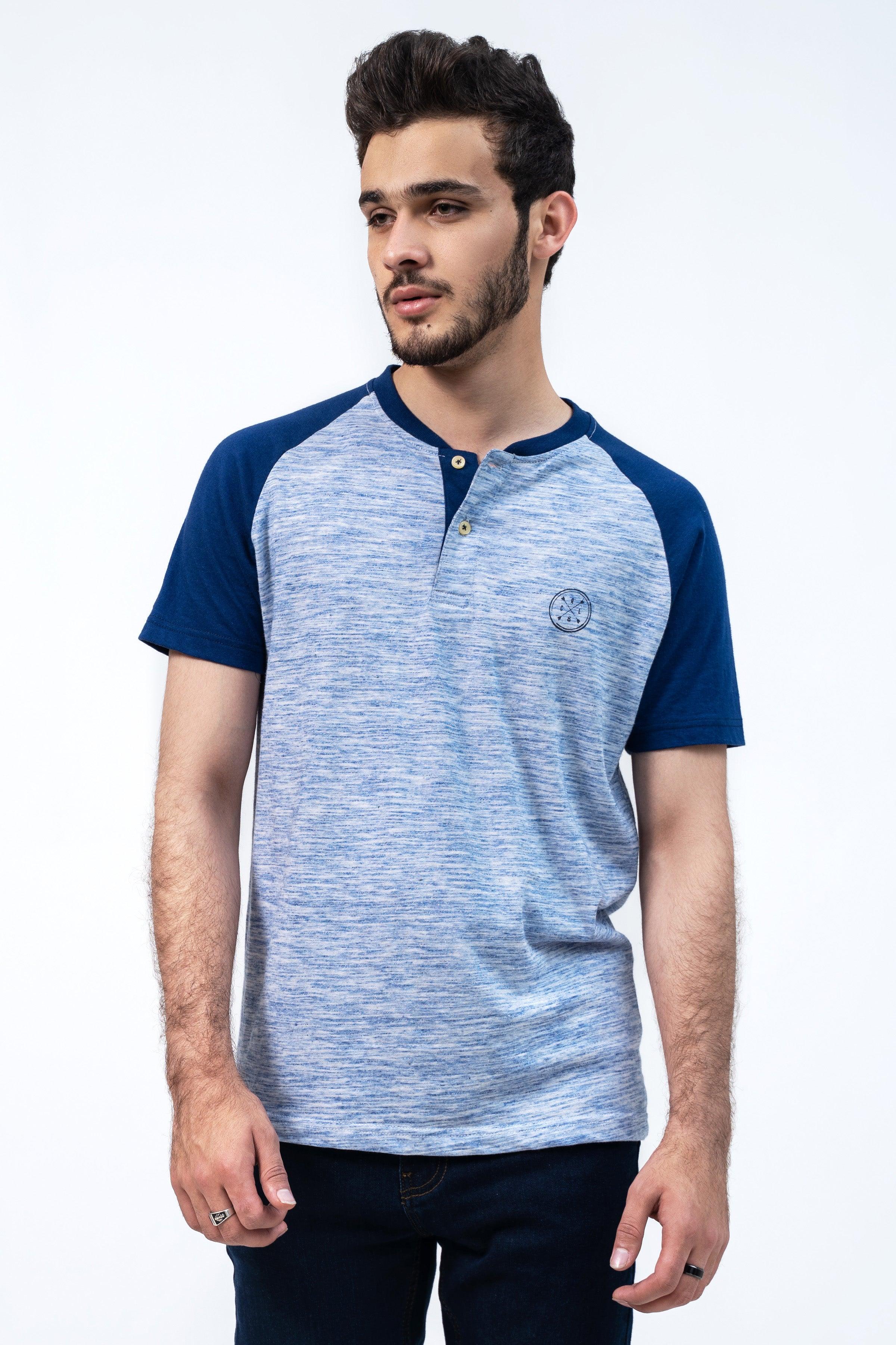Blue and heather gray raglan henley t-shirt with short button placket and logo at chest