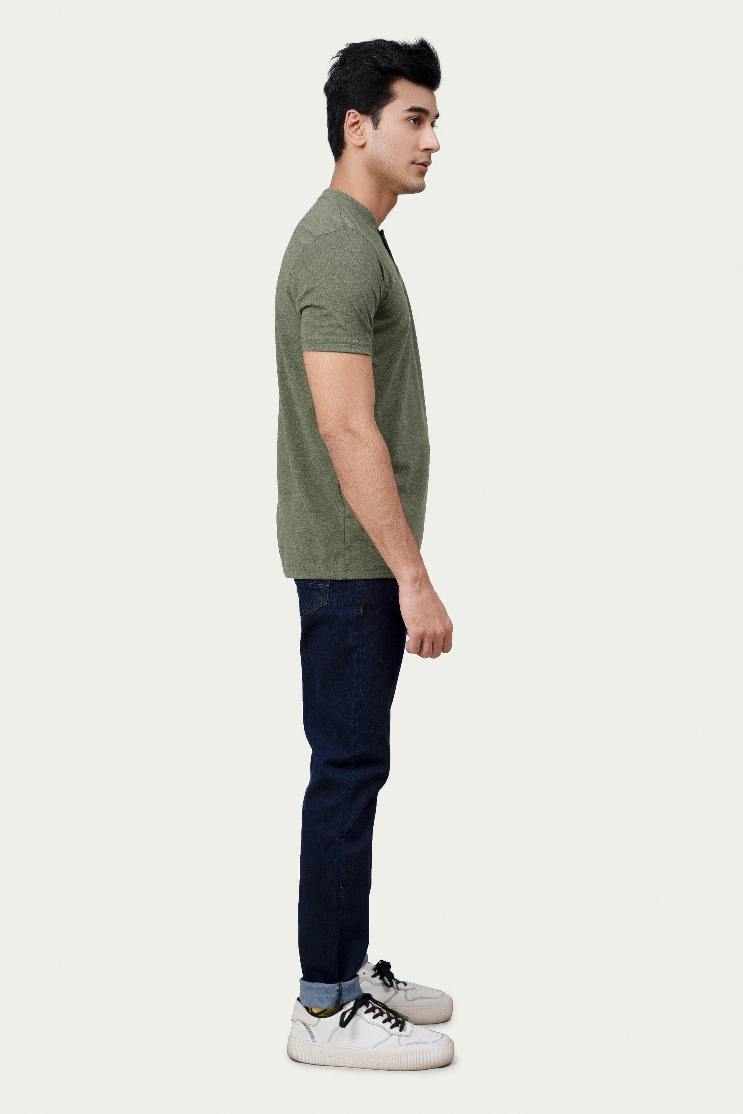 Green henley T-shirt with short sleeves and two-button placket, small chest logo