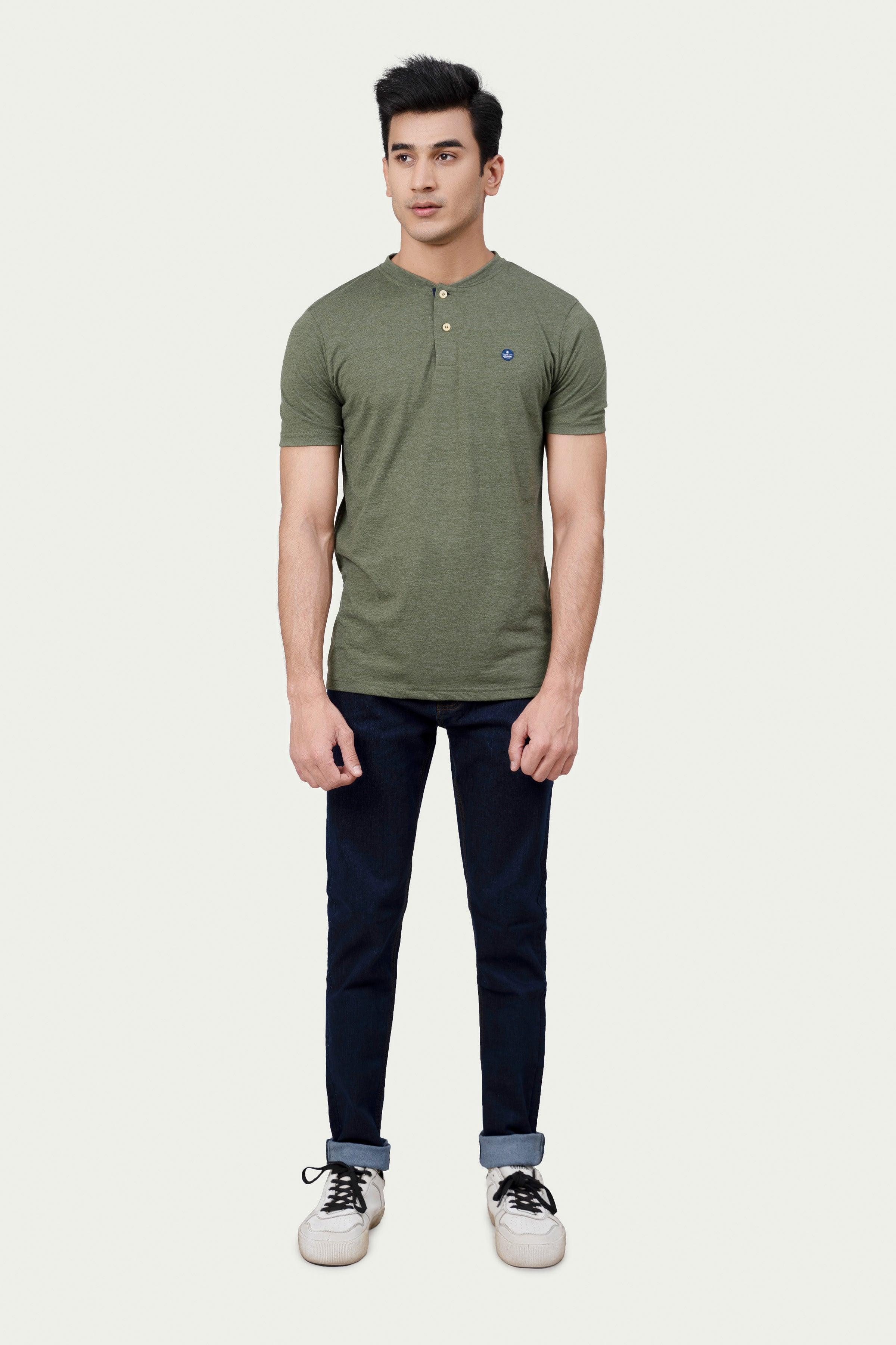 Green henley T-shirt with short sleeves, two-button placket, small chest logo