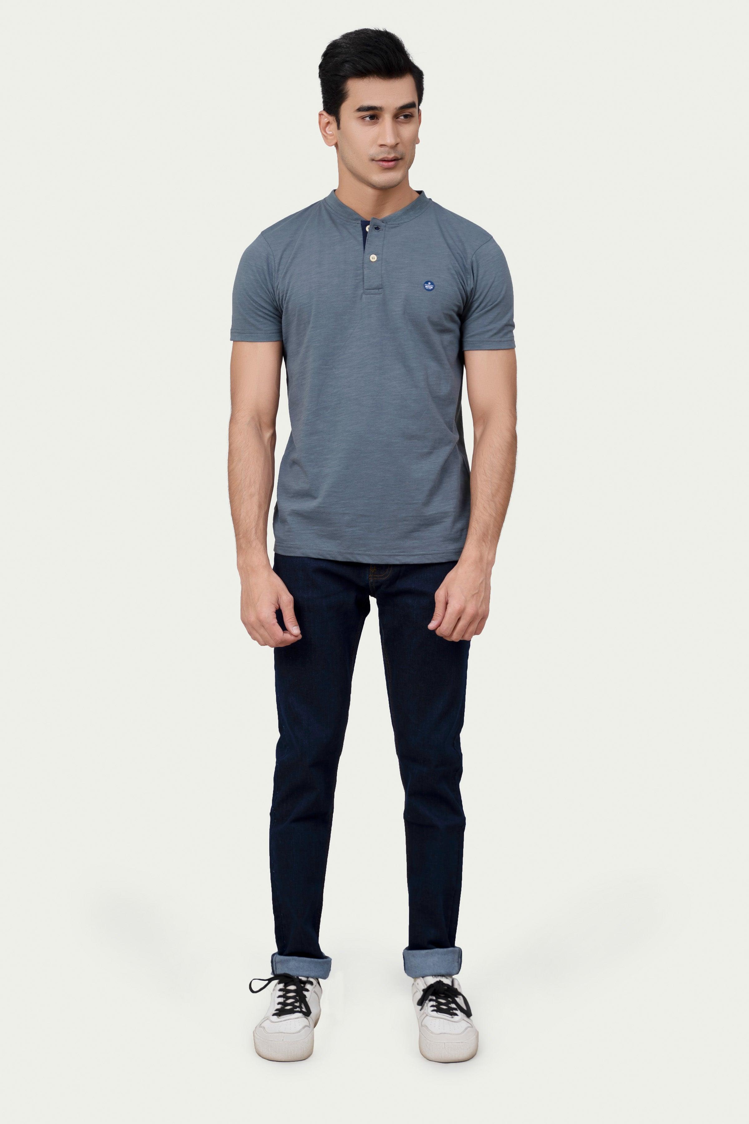 Grey henley T-shirt with short sleeves and button placket