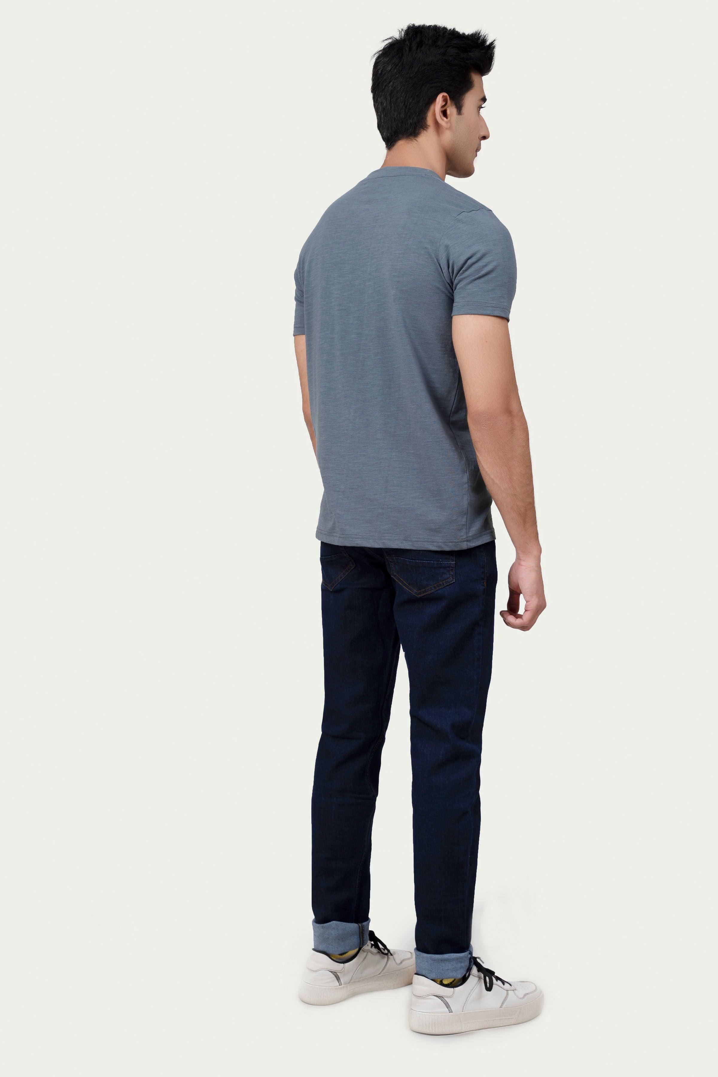 Grey henley T-shirt, back view with short sleeves