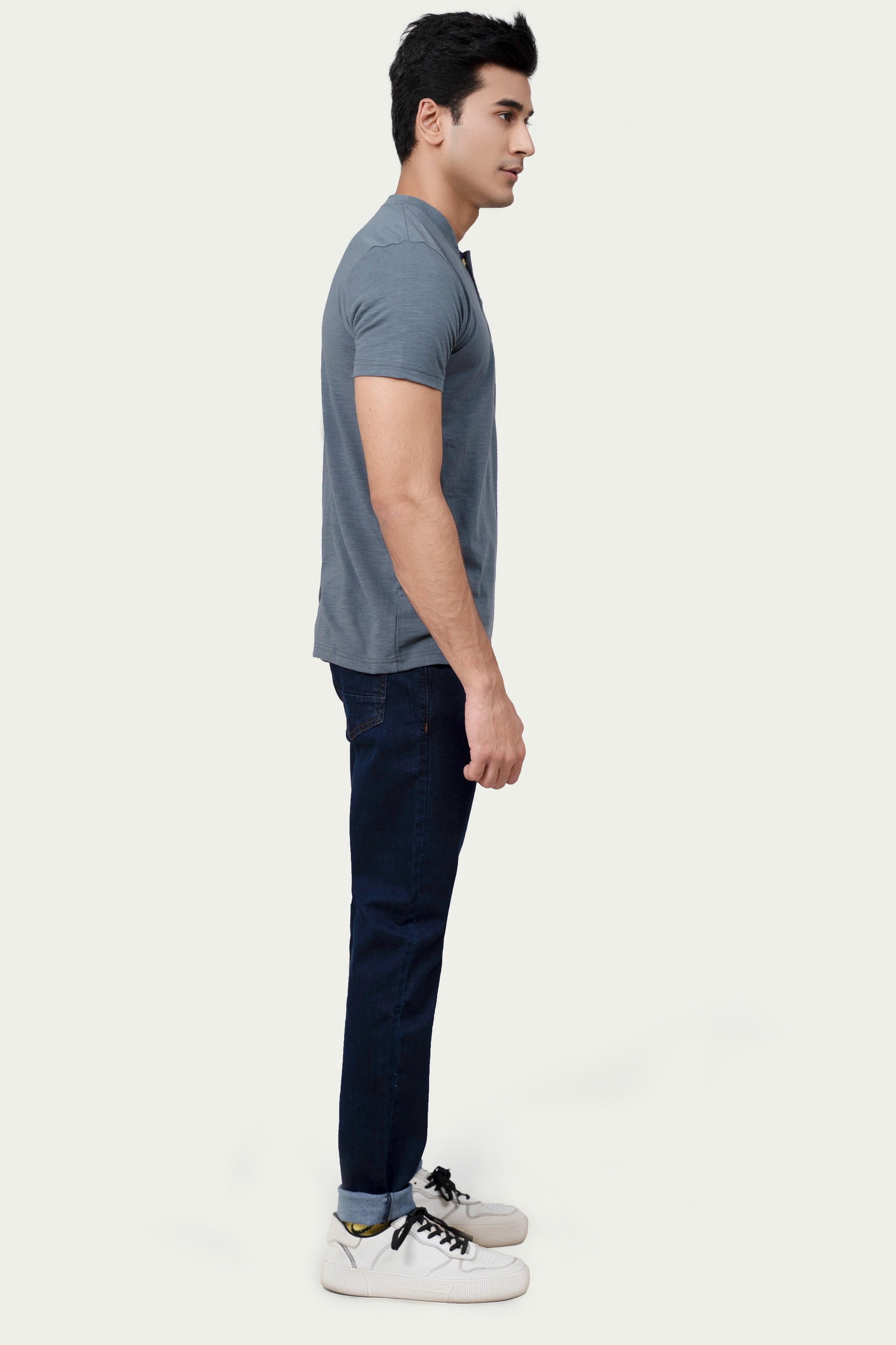 Grey henley T-shirt, side view with short sleeves