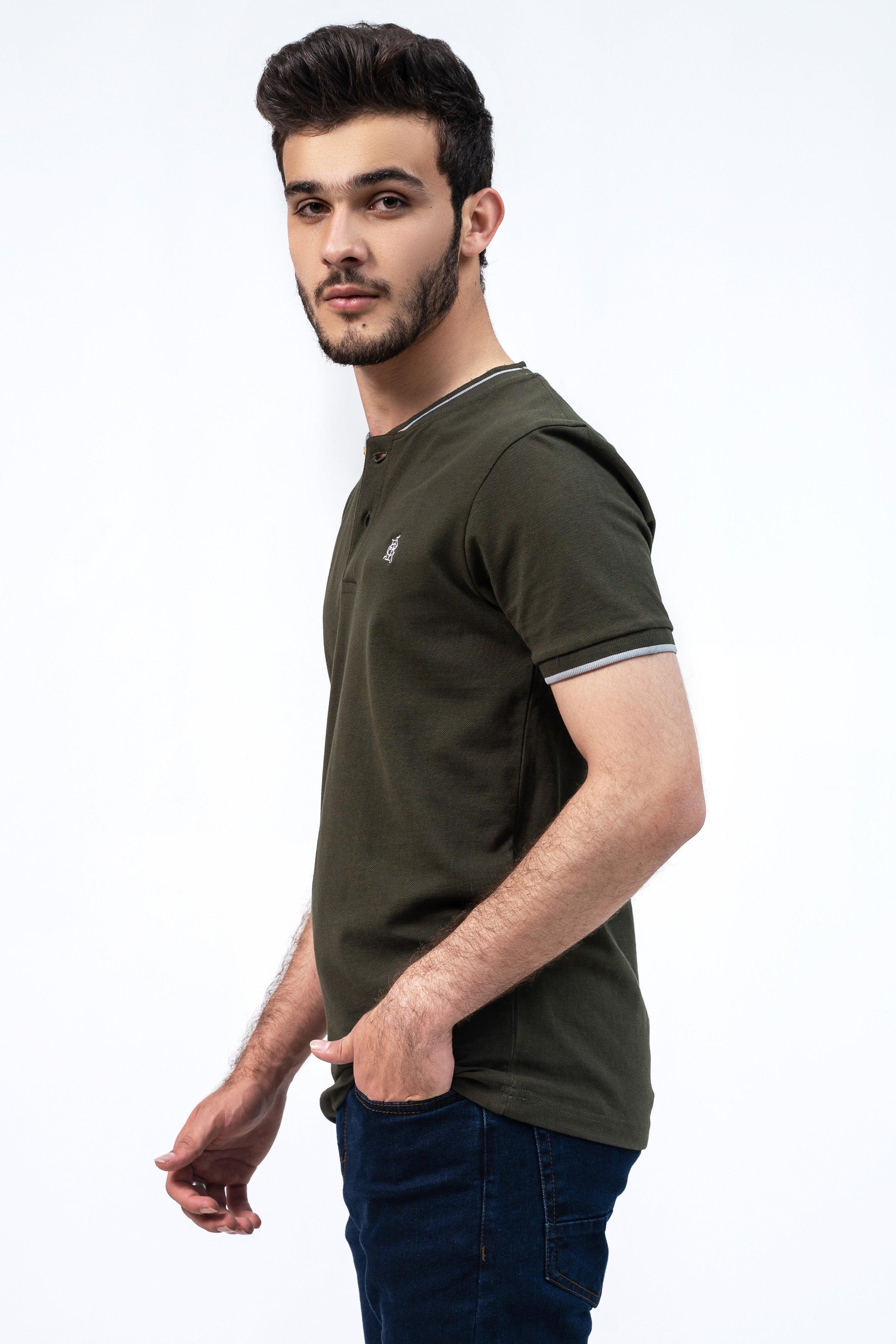 Olive henley T-shirt, side view with button placket