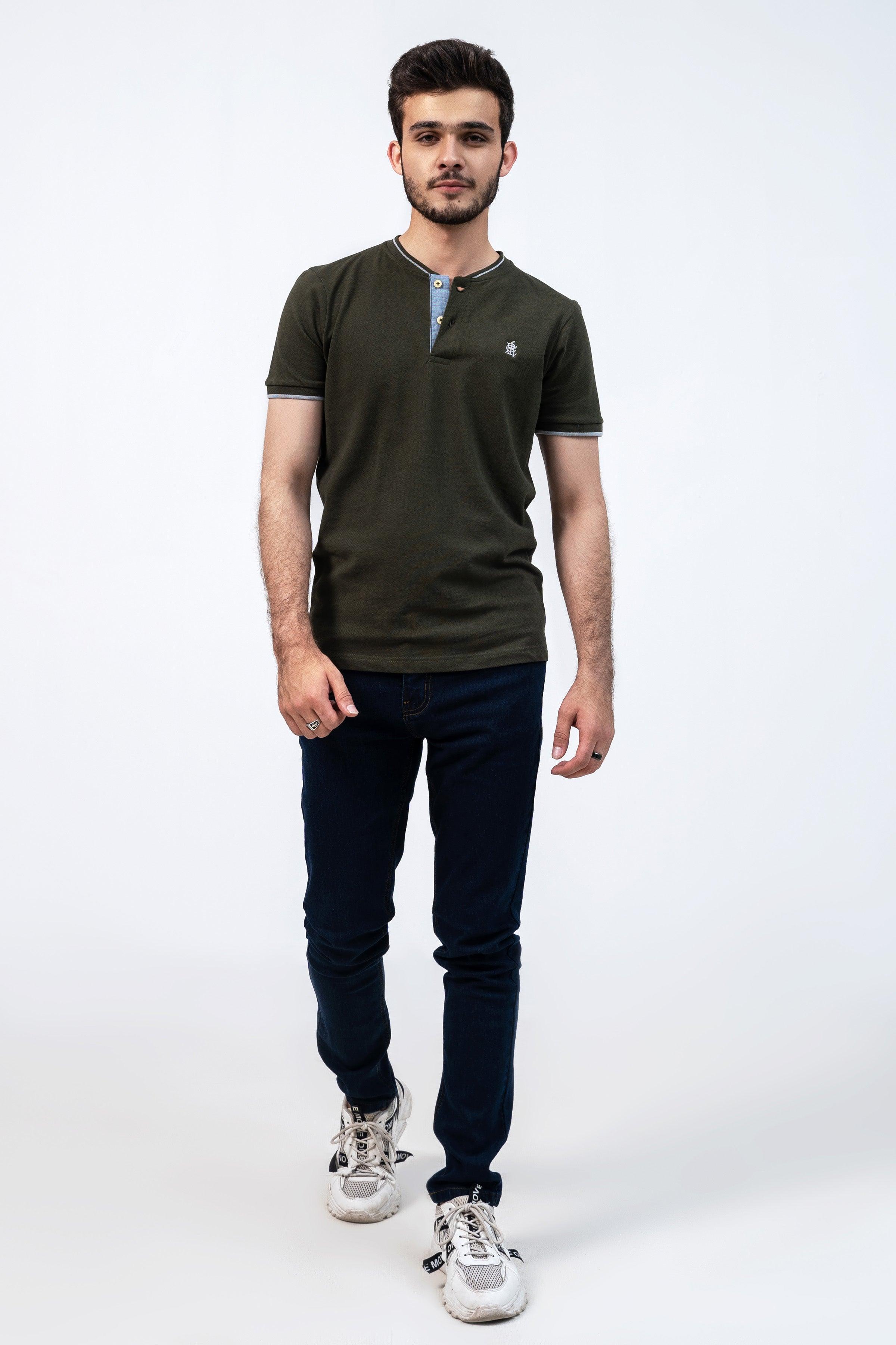 Olive henley T-shirt with short sleeves and chest logo