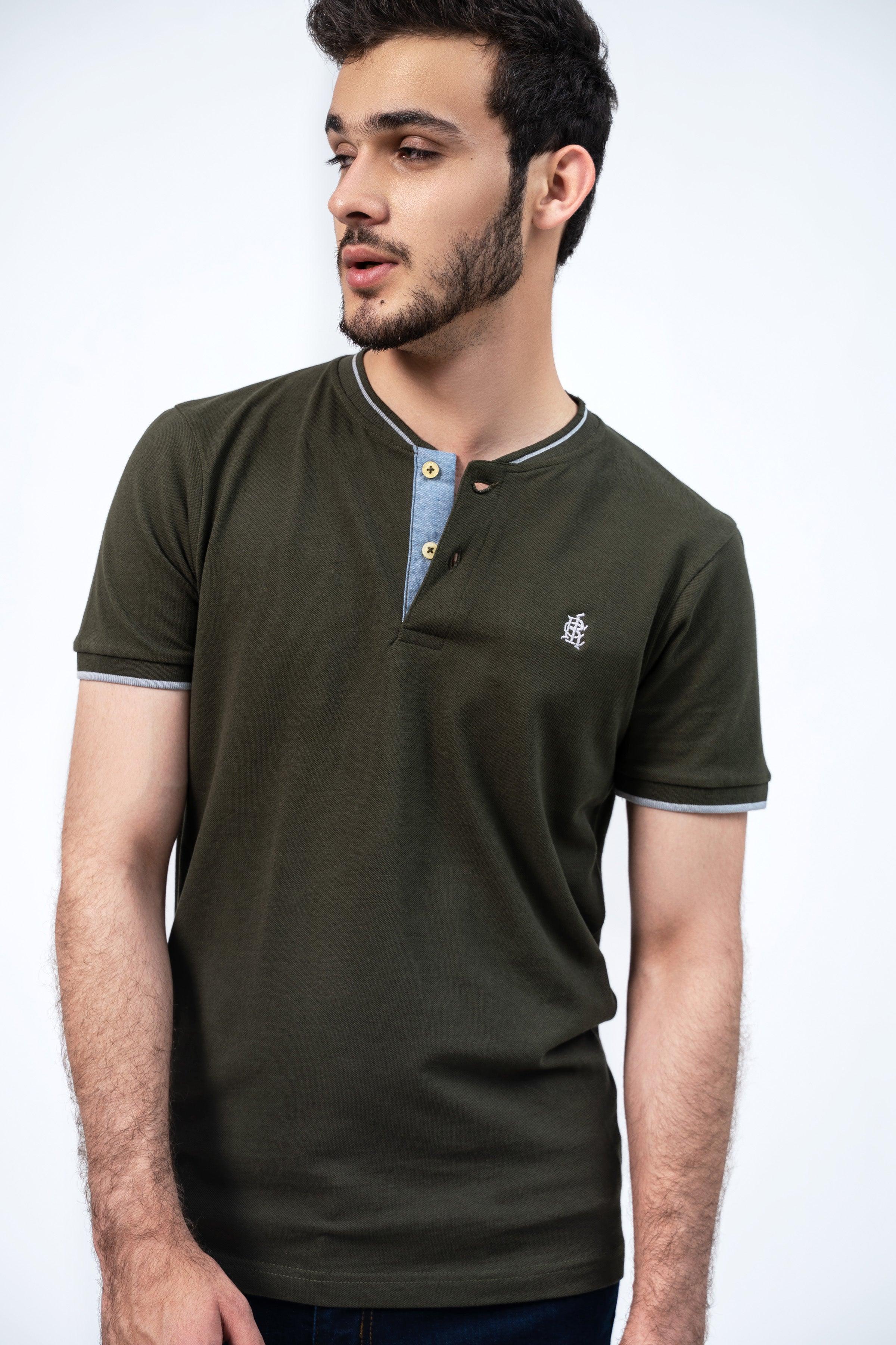 Olive henley T-shirt with short sleeves and button placket