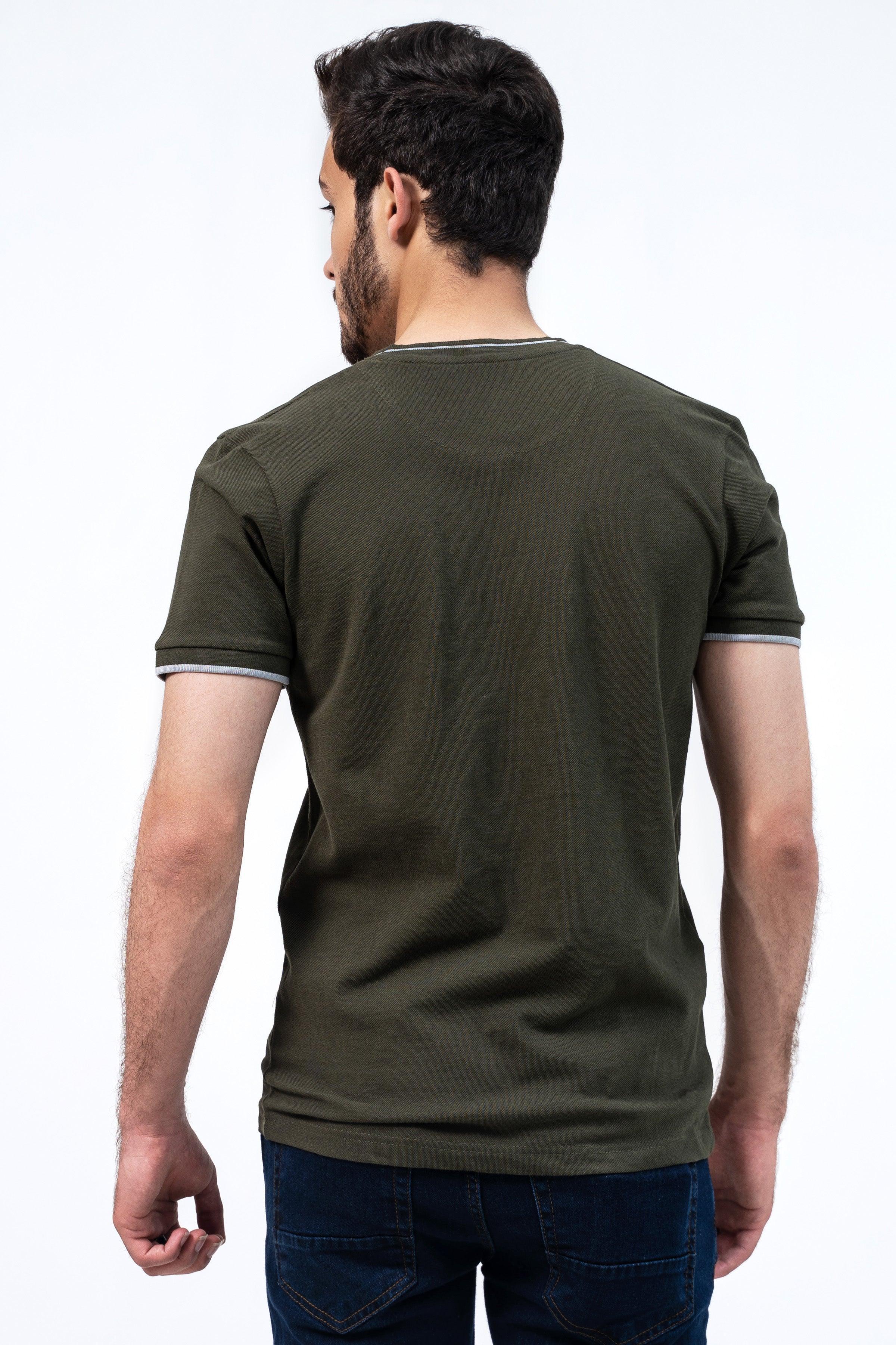 Olive henley T-shirt back view, short sleeves