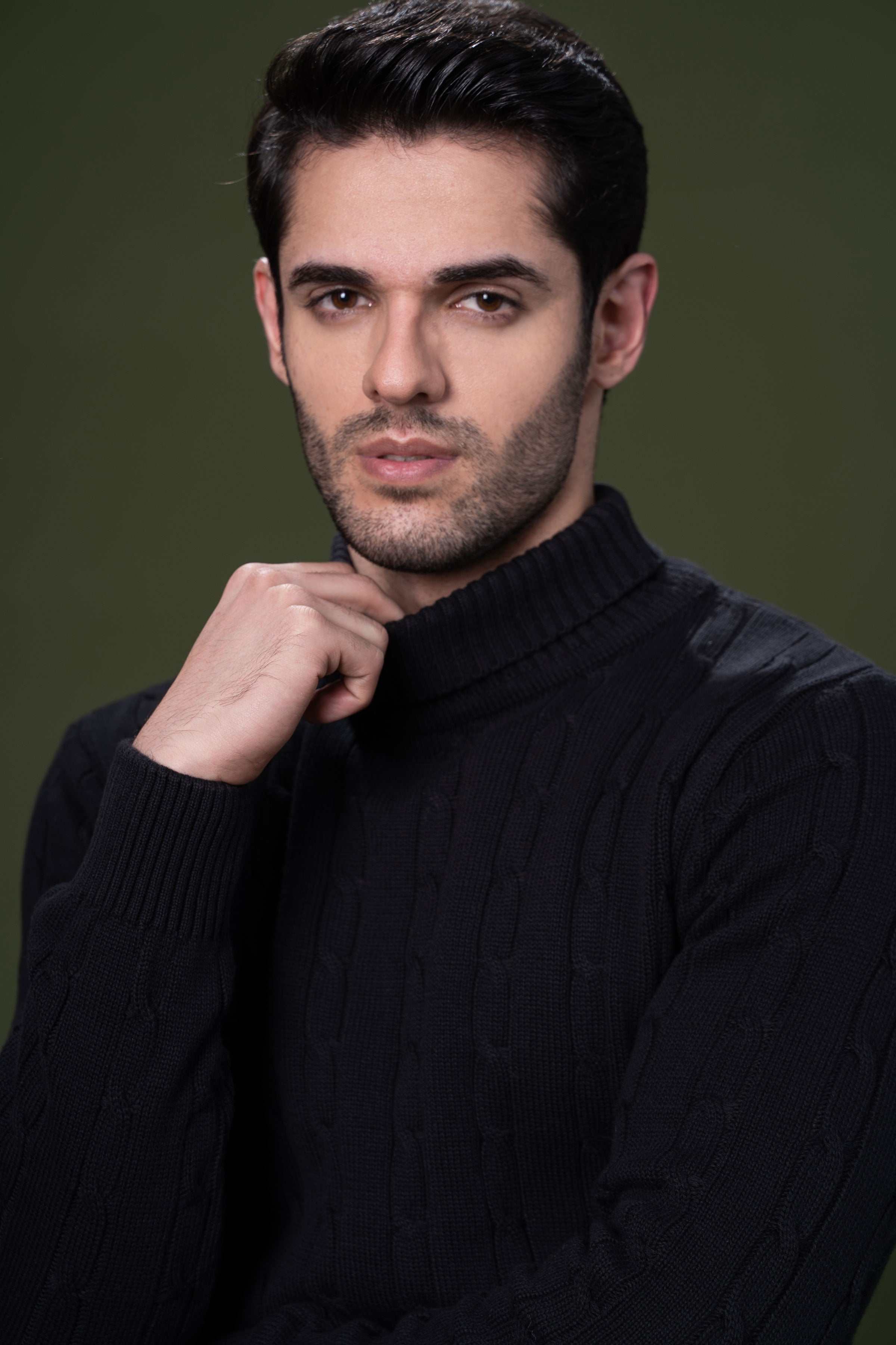 HIGH NECK CABLE SWEATER BLACK at Charcoal Clothing