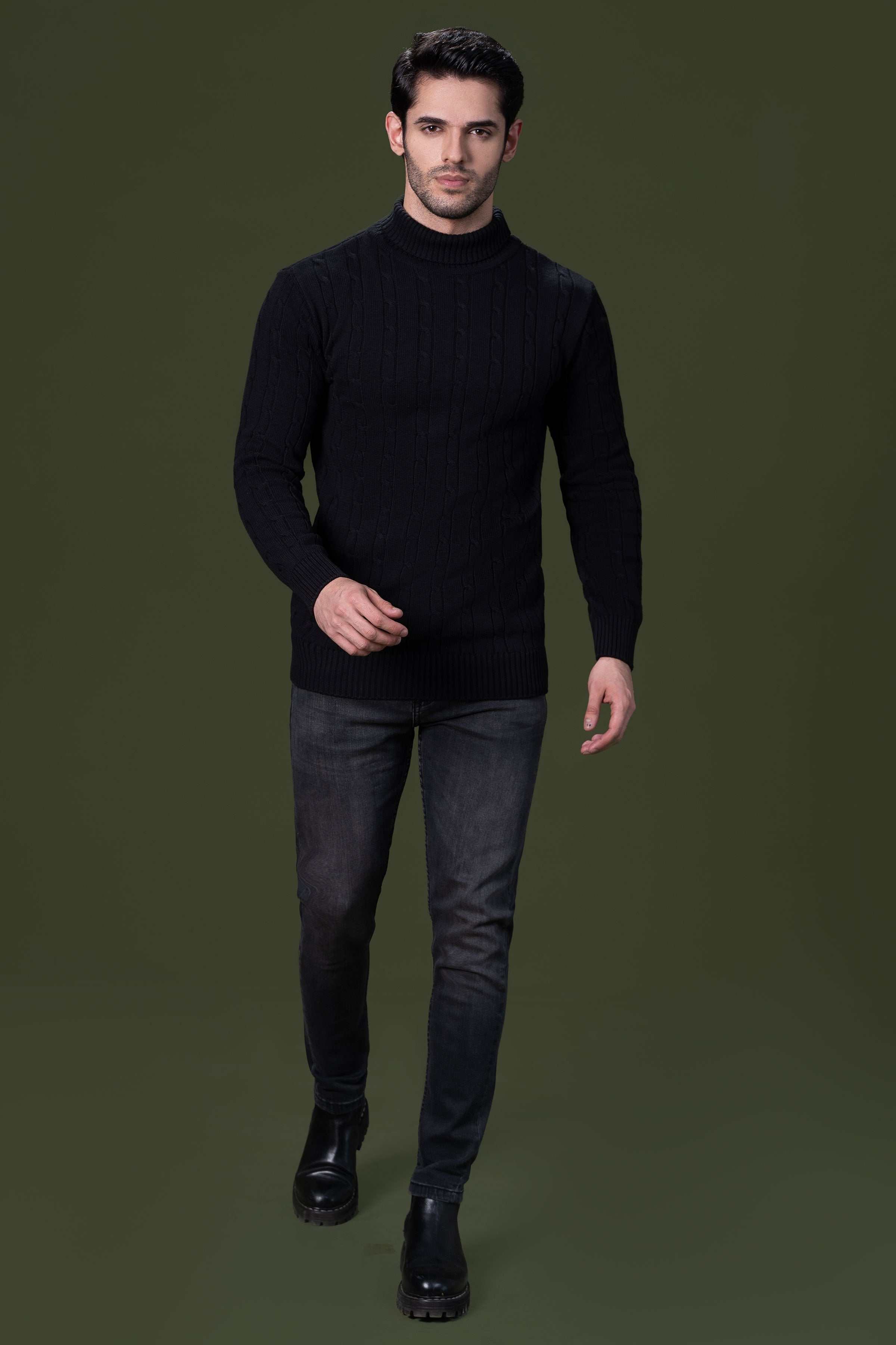 HIGH NECK CABLE SWEATER BLACK at Charcoal Clothing