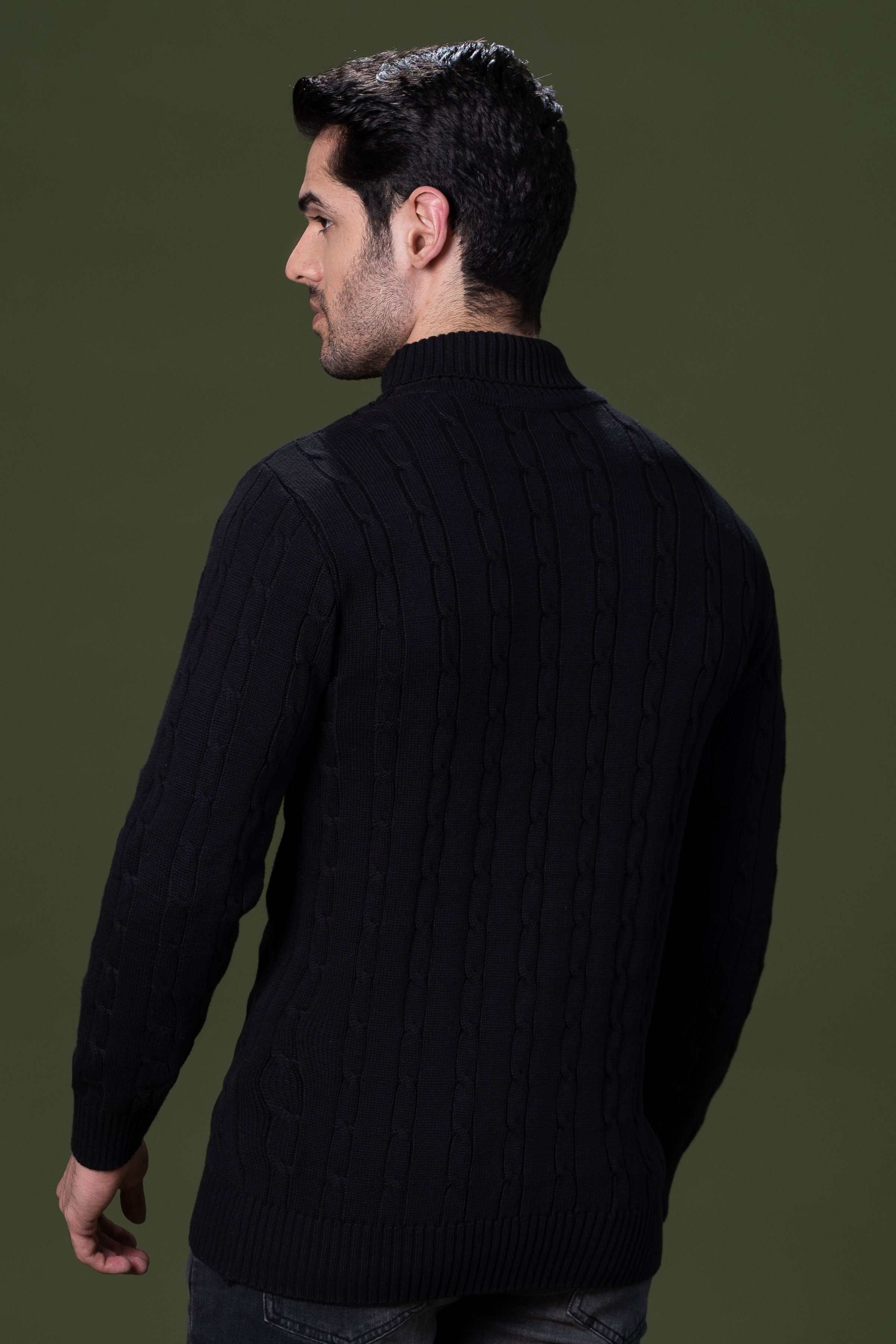 HIGH NECK CABLE SWEATER BLACK at Charcoal Clothing