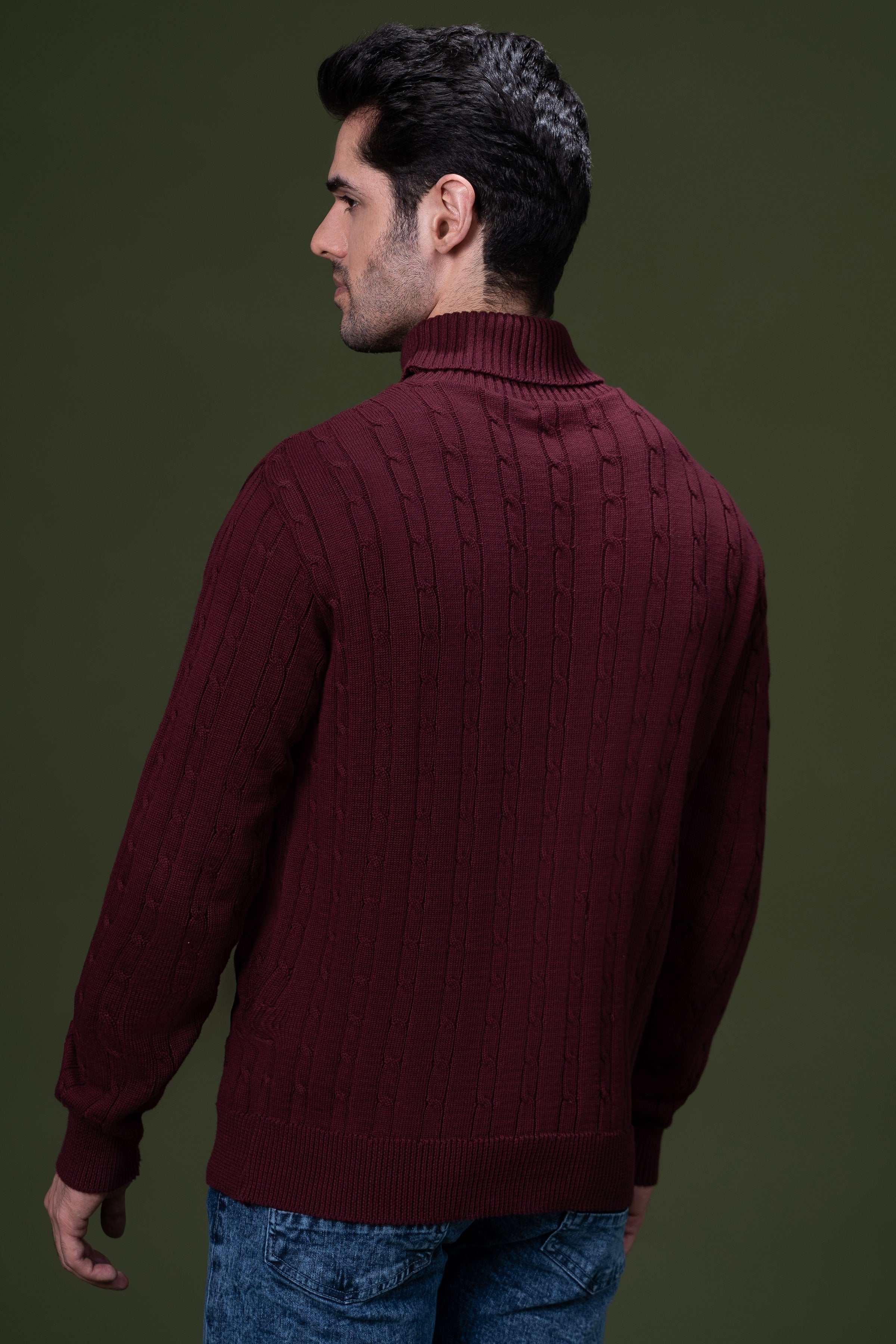 HIGH NECK CABLE SWEATER MAROON at Charcoal Clothing