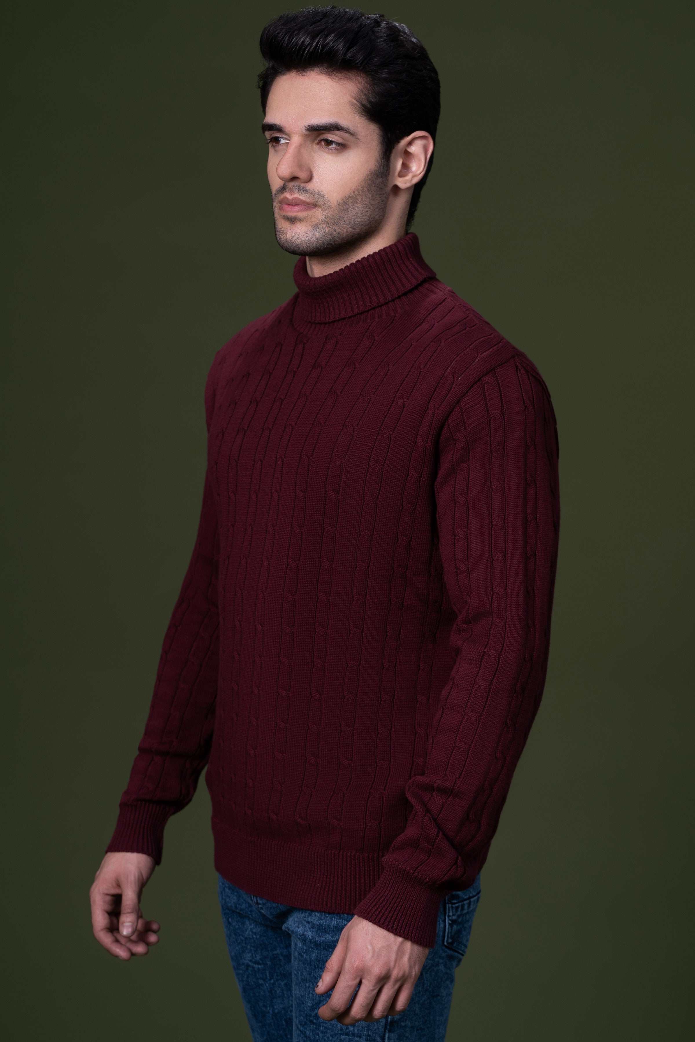 HIGH NECK CABLE SWEATER MAROON at Charcoal Clothing