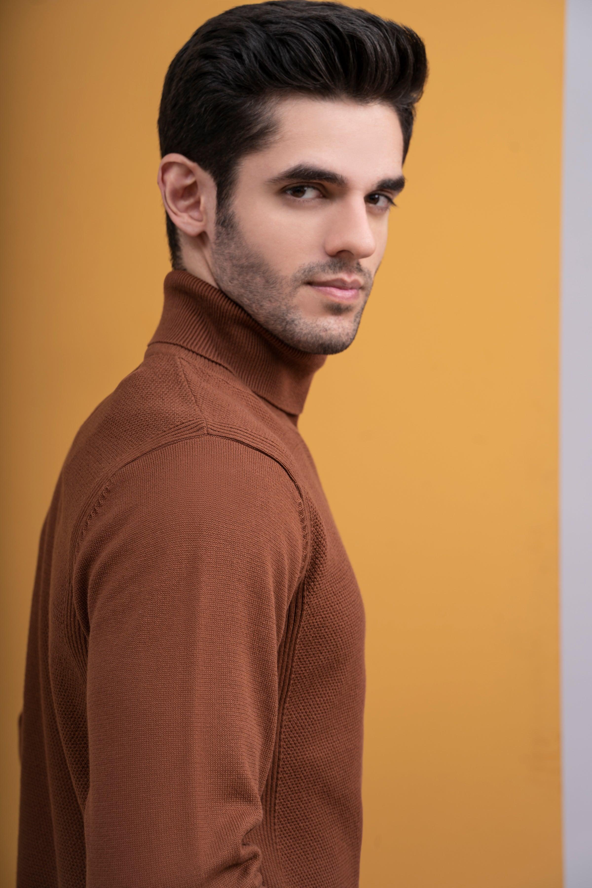 HIGH NECK SWEATER F/S BROWN at Charcoal Clothing