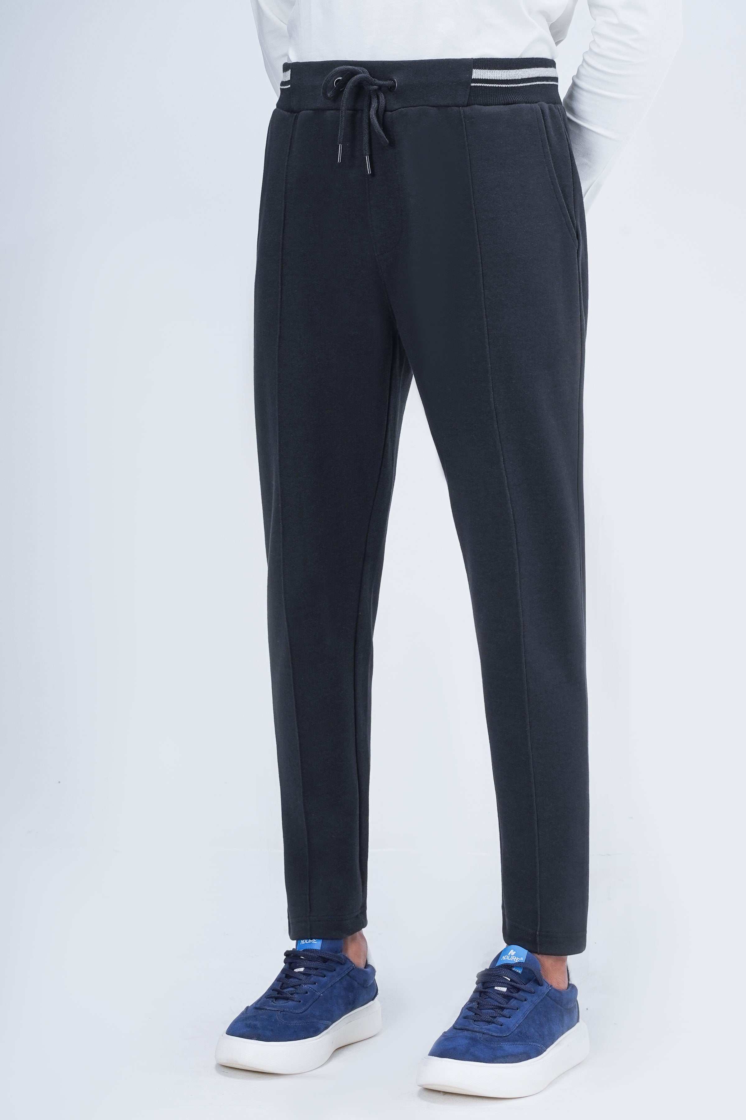 Black slim jogger trousers with drawstring waist, ribbed cuffs, and side pockets