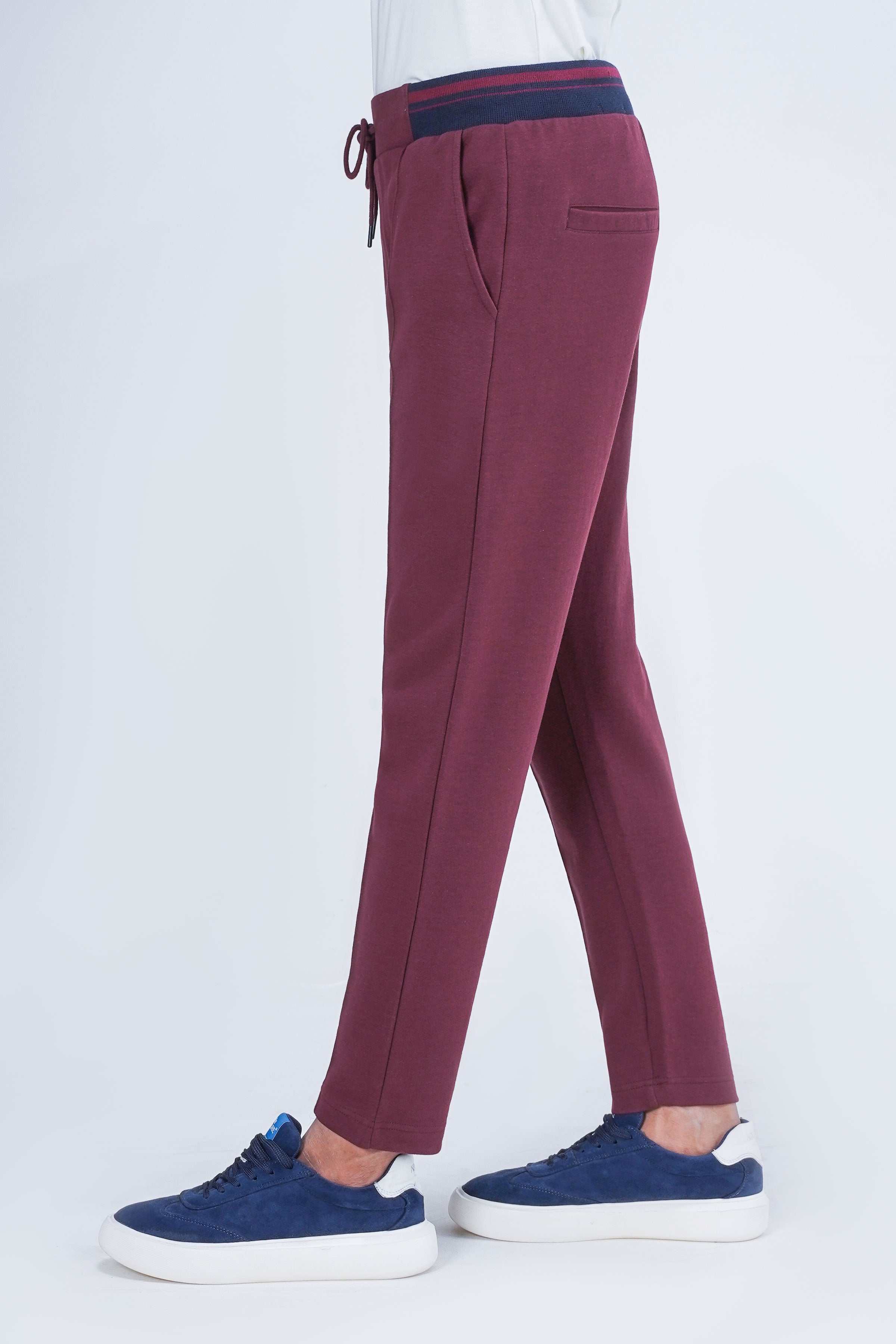 INTERLOCK JOGGER WAIST SLIM TROUSER MAROON at Charcoal Clothing
