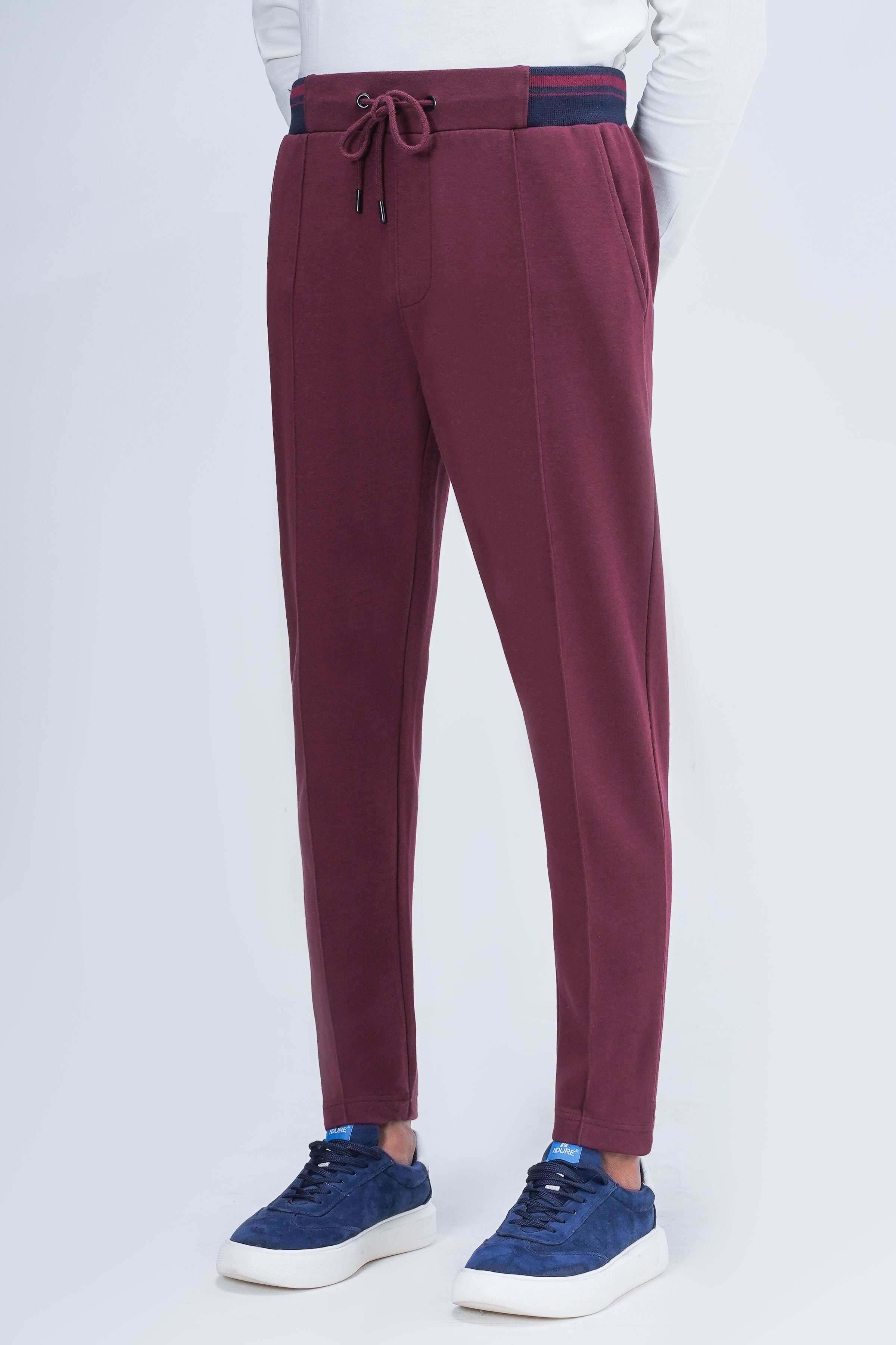 INTERLOCK JOGGER WAIST SLIM TROUSER MAROON at Charcoal Clothing