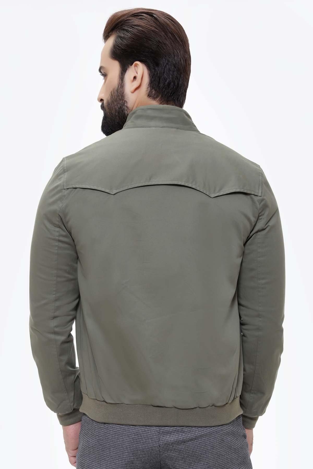 Men's green back view band-collar jacket with full sleeves and two pockets