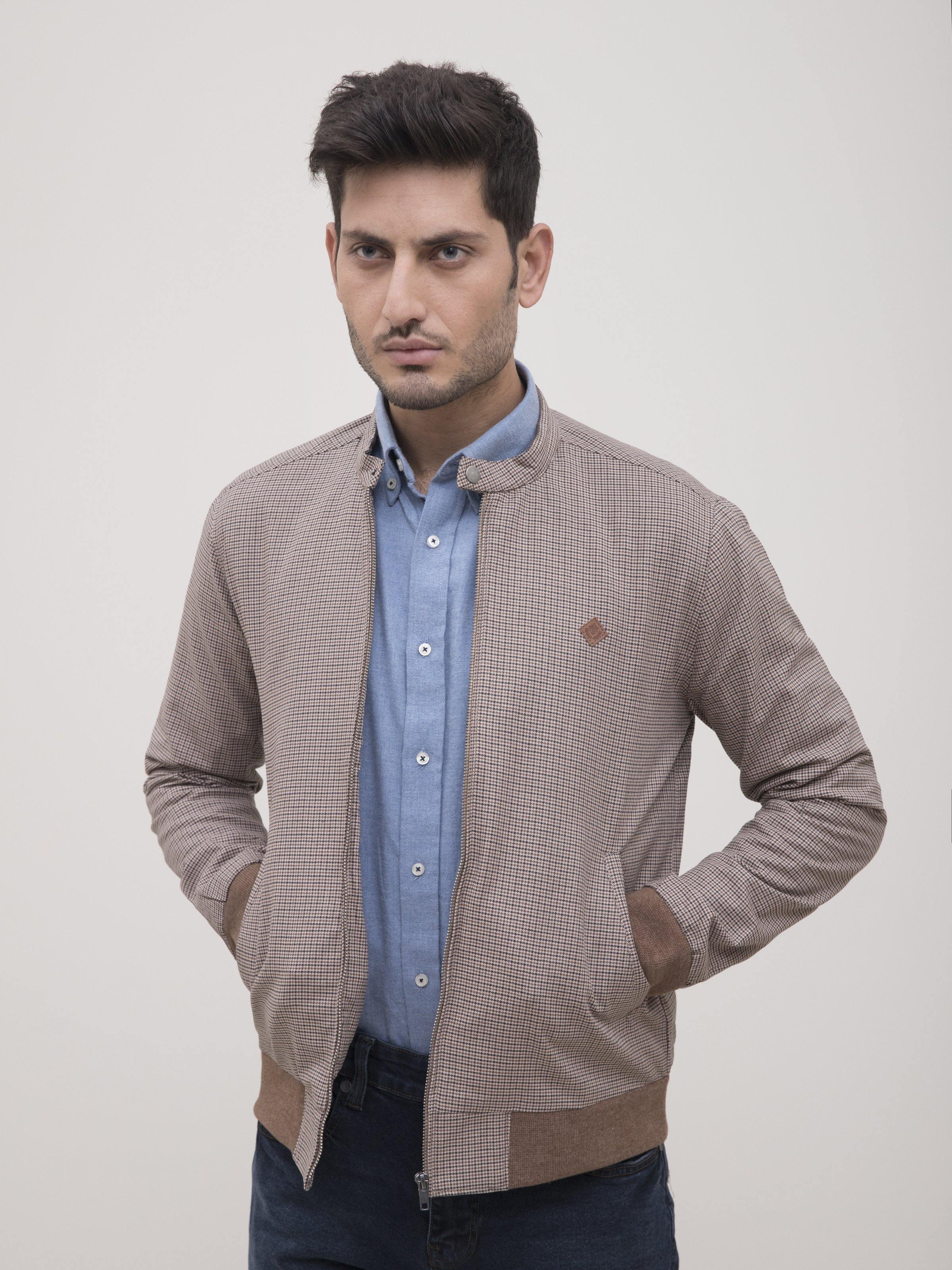 JACKET BAN COLLAR FULL SLEEVE KHAKI BROWN at Charcoal Clothing