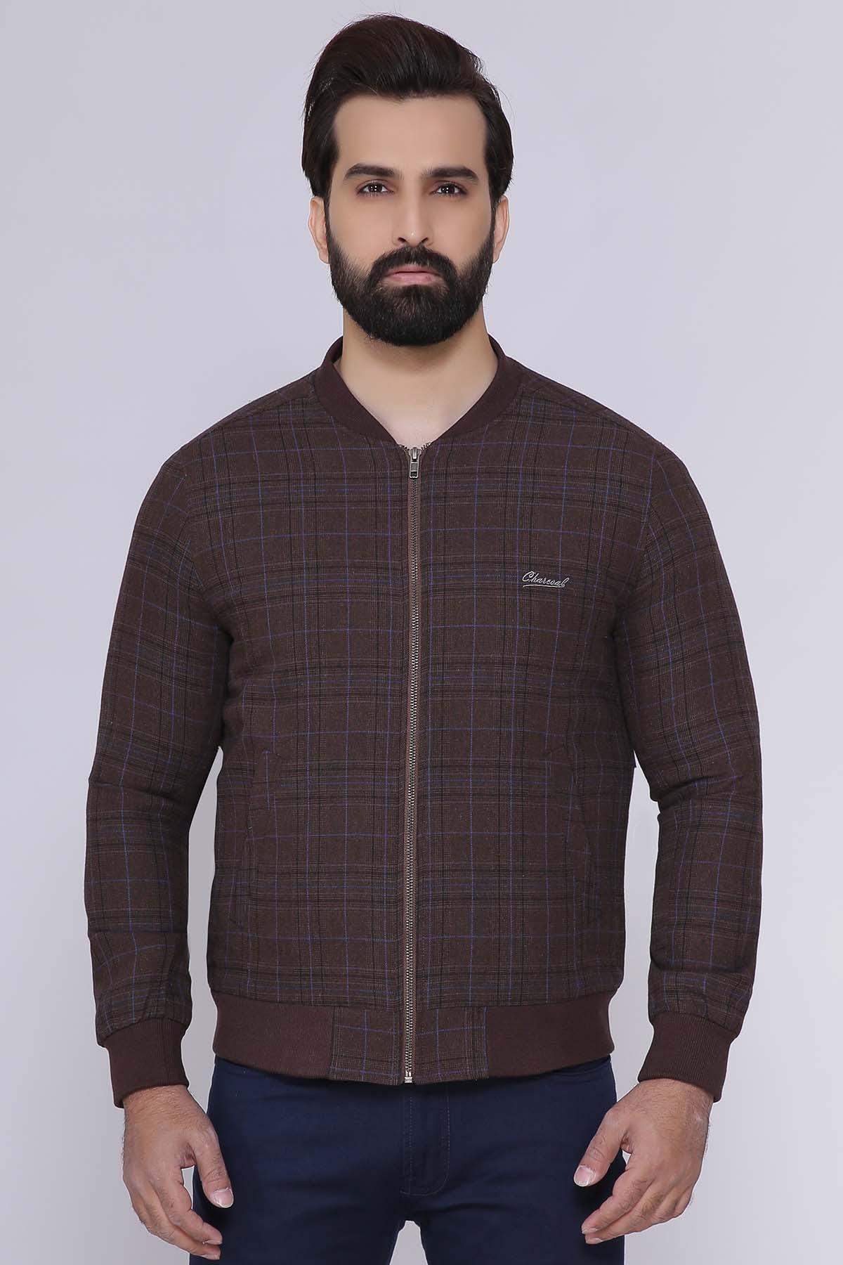 Brown check full-sleeve zip jacket with stand collar and front zipper