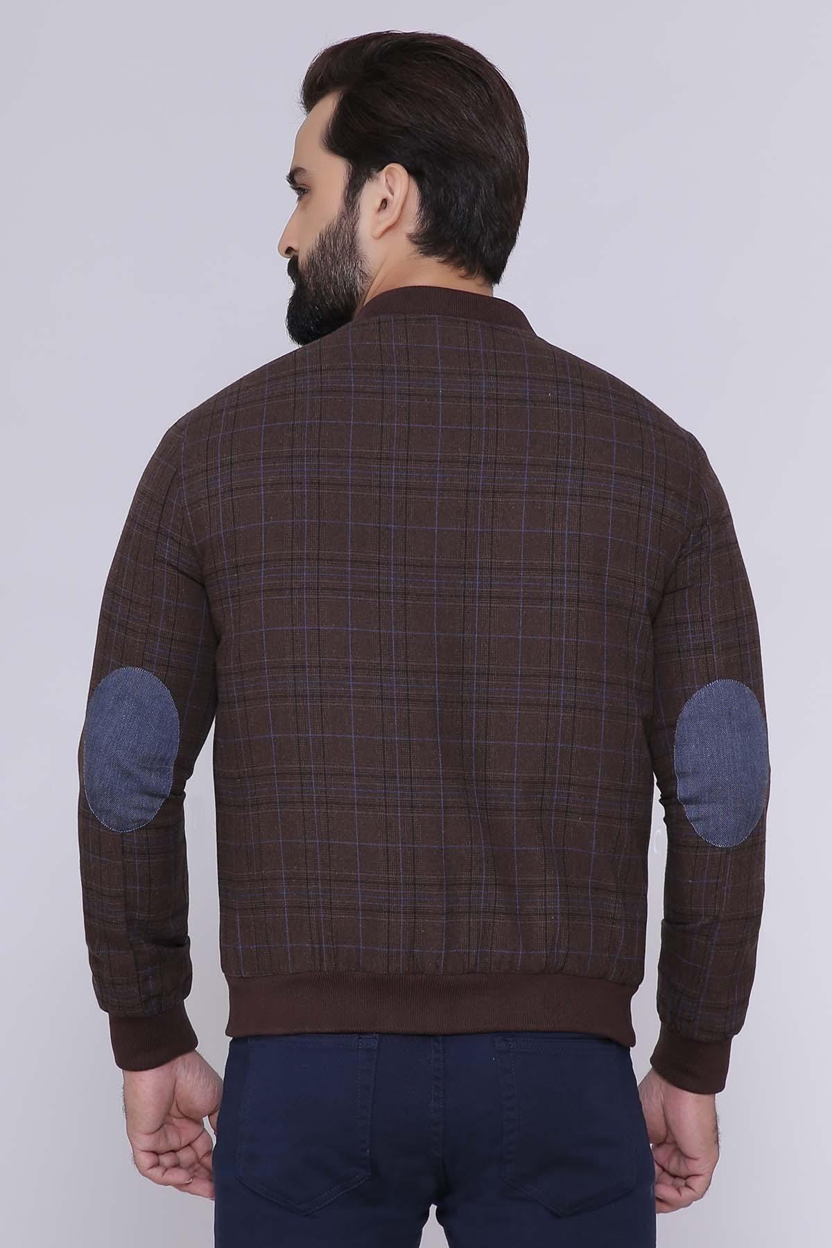 Brown check full-sleeve zip jacket, back view with stand collar
