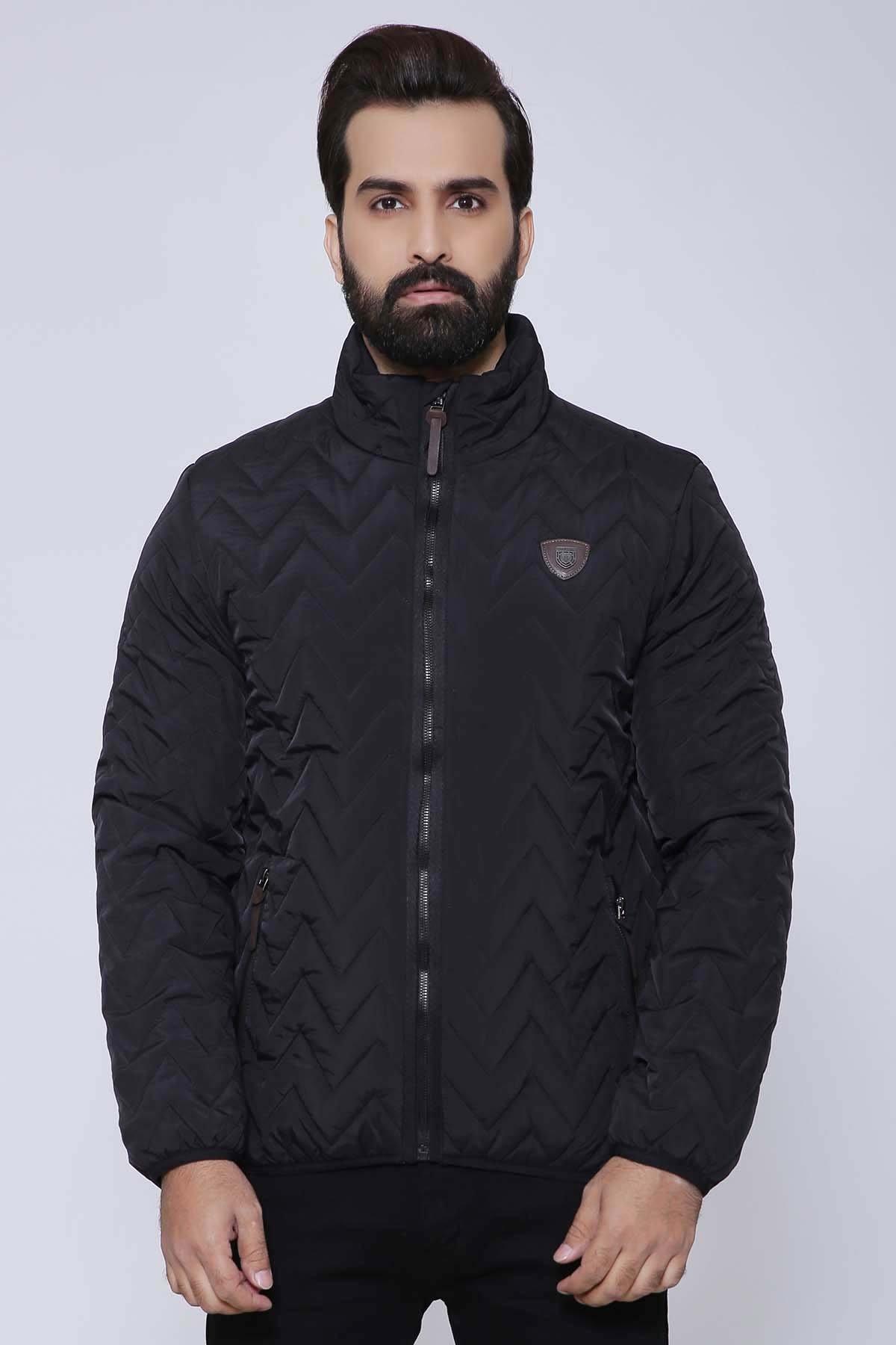 Black full-sleeve zip jacket with stand collar, quilted pattern.