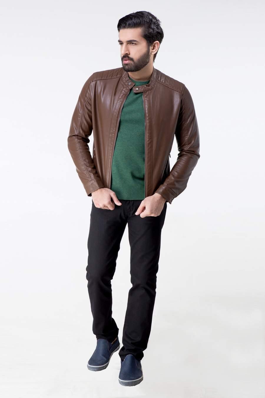 Men's brown leather zip jacket with stand collar, long sleeves