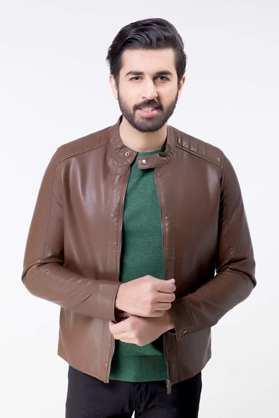 Men's full-sleeve leather jacket, brown, zip-front with stand collar