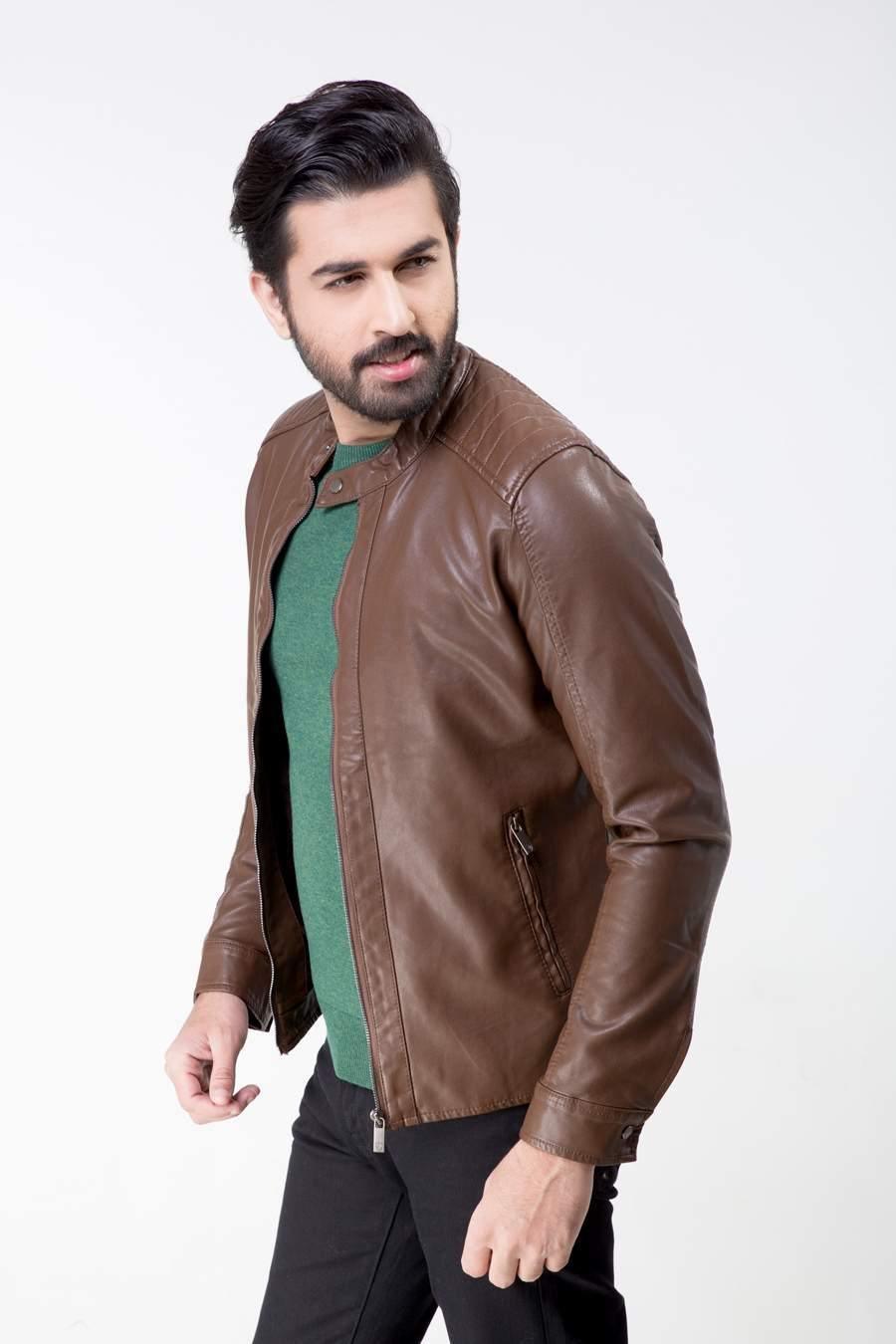 Men's brown leather jacket with zip-front, stand collar, side view