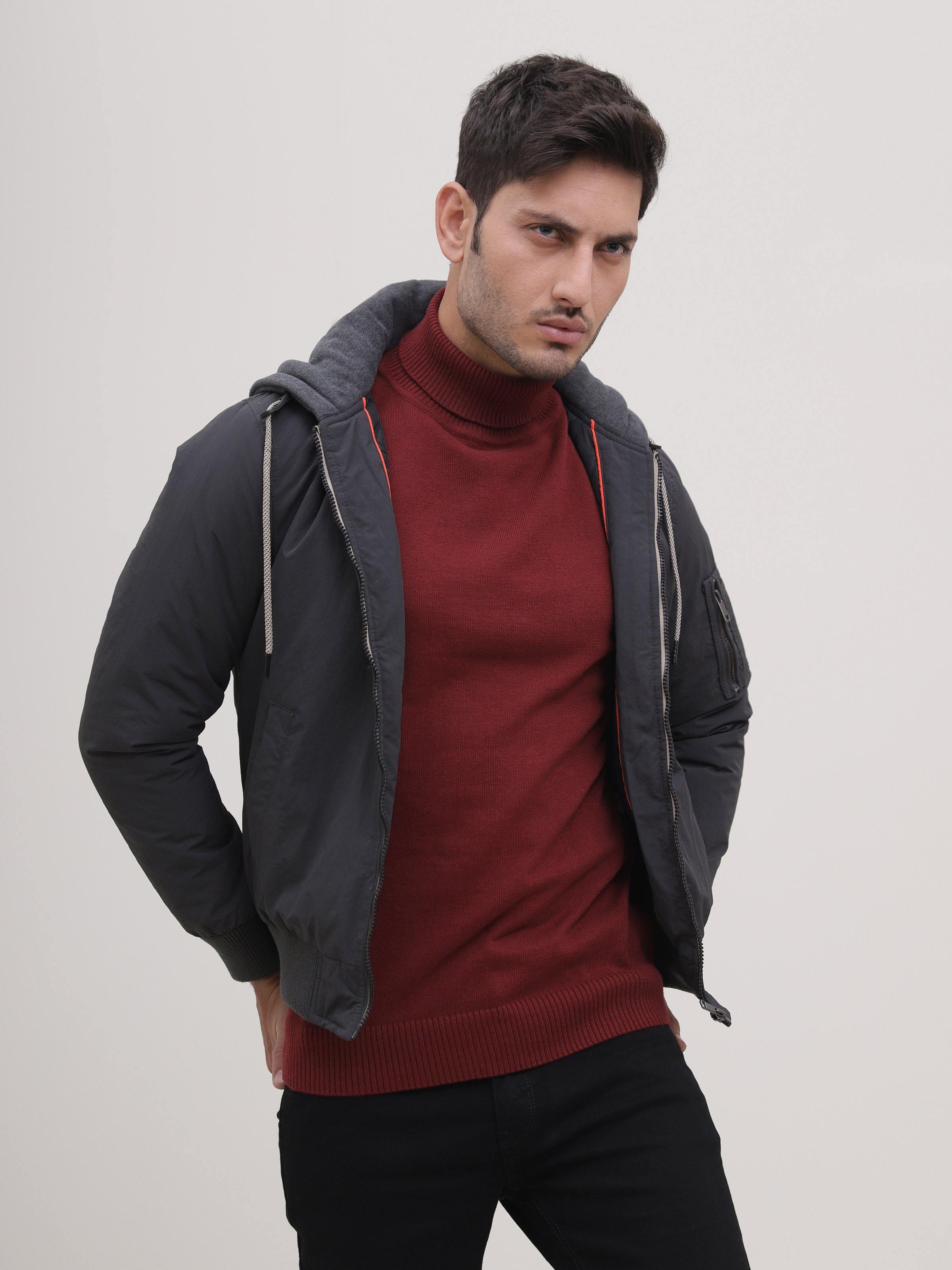 Dark grey zip-up jacket with hood, front zipper and drawstring hem