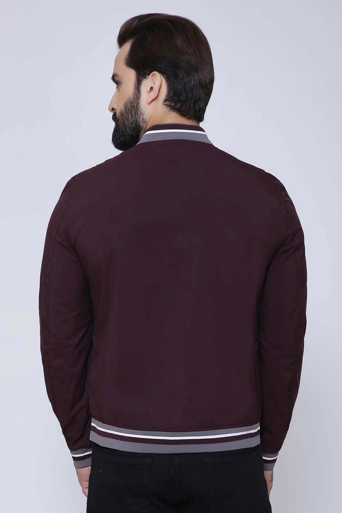 Maroon full-sleeve zip jacket, back view, striped ribbed hem and cuffs