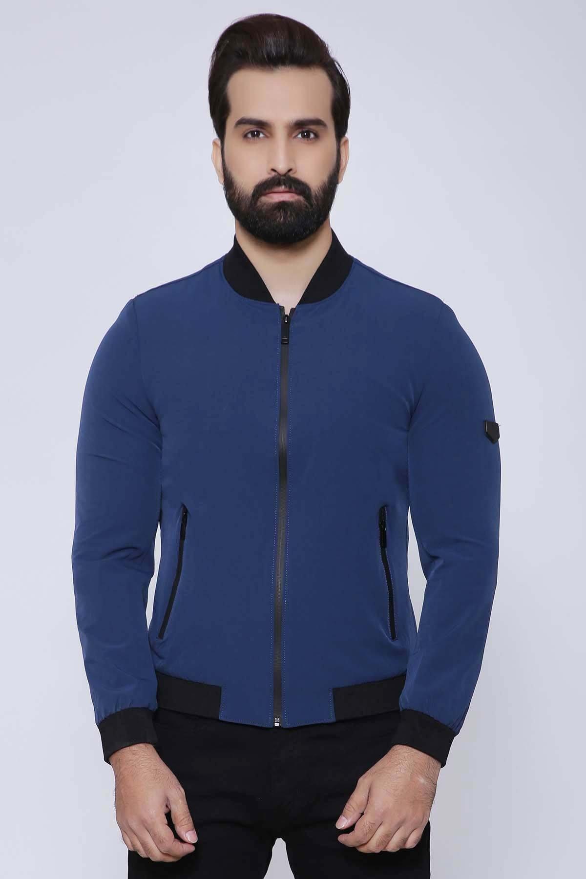 Navy full-sleeve zip-up jacket with stand collar, ribbed cuffs, and black hem