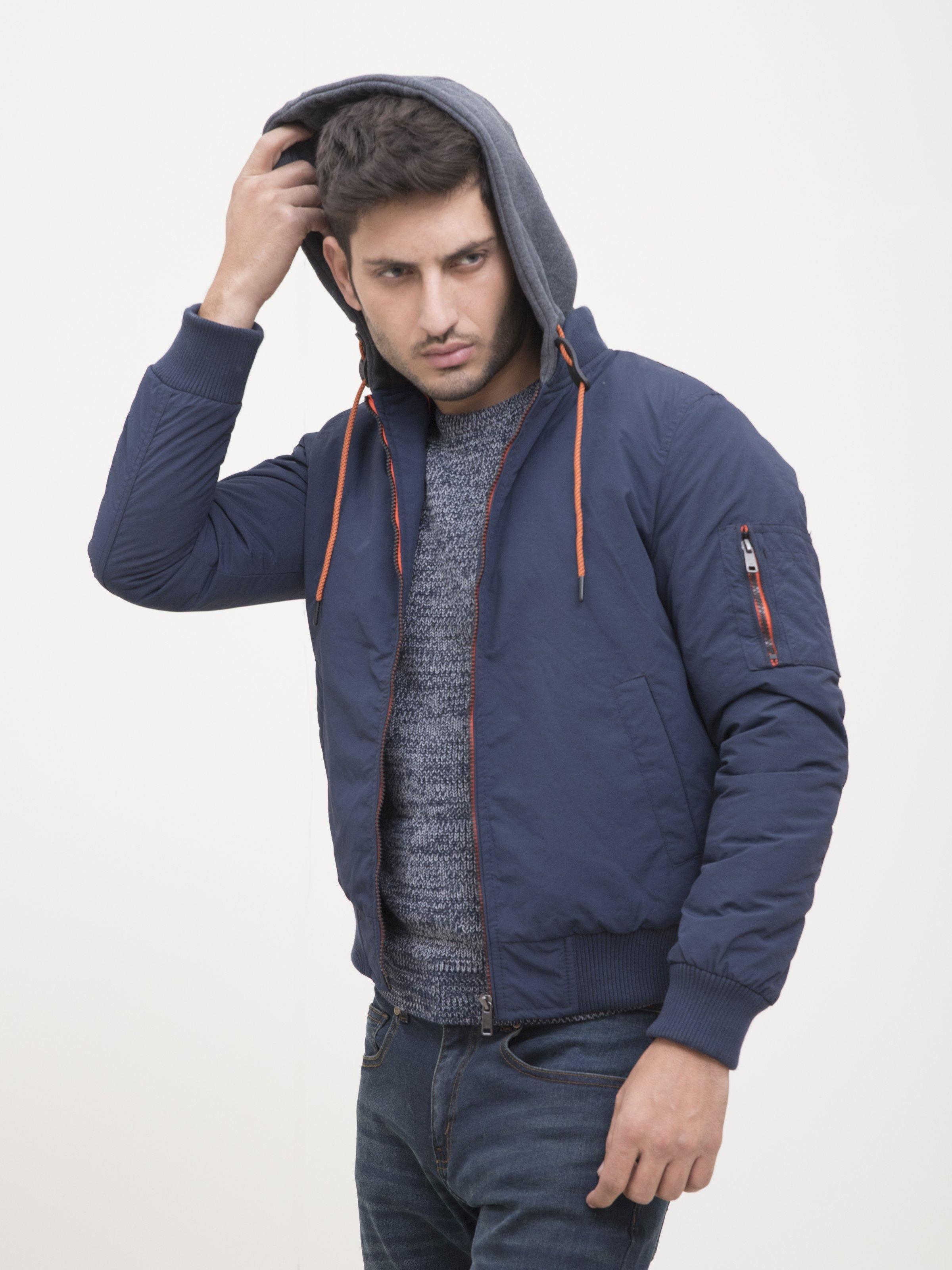 Navy full-sleeve jacket with gray hood lining, orange drawstrings, and front zip