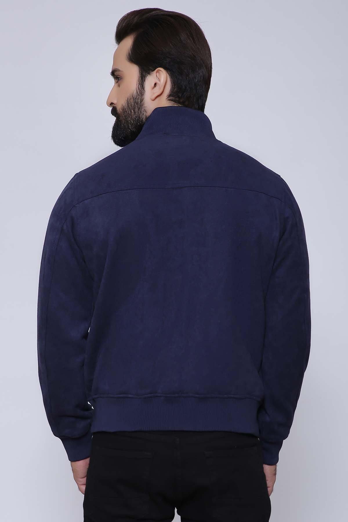 Navy full-sleeve jacket back view with band collar and button details