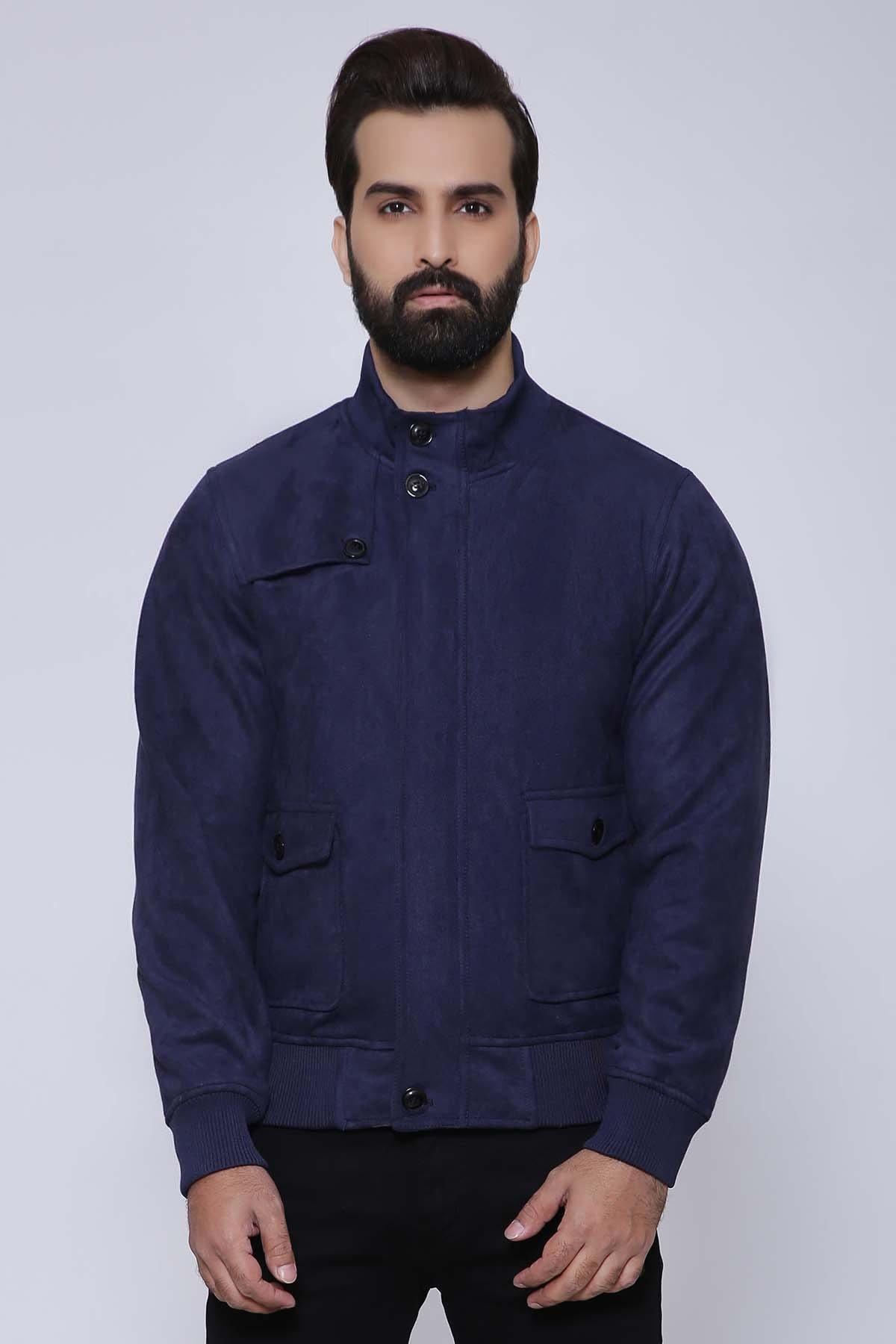 Navy full-sleeve jacket with button front and flap pockets, band collar