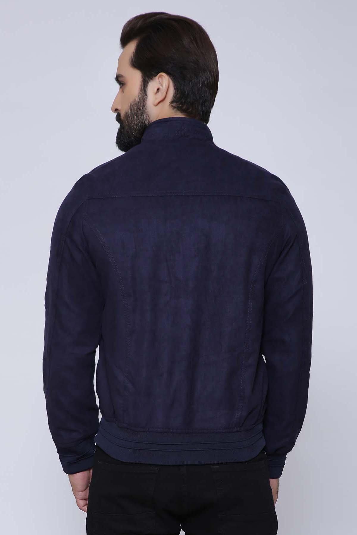 Navy full-sleeve jacket back view with stand collar