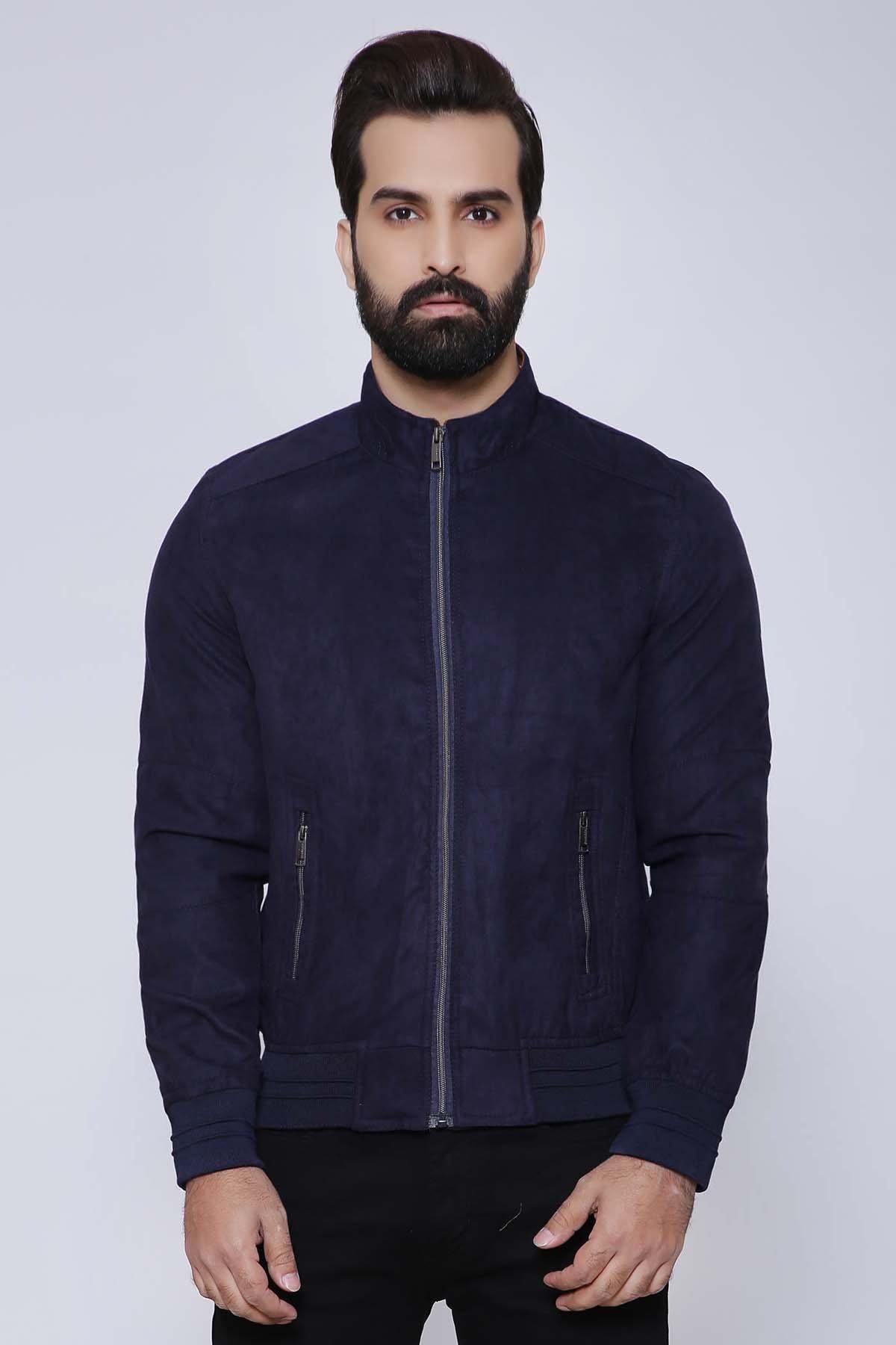 Navy full-sleeve jacket with front zipper and stand collar