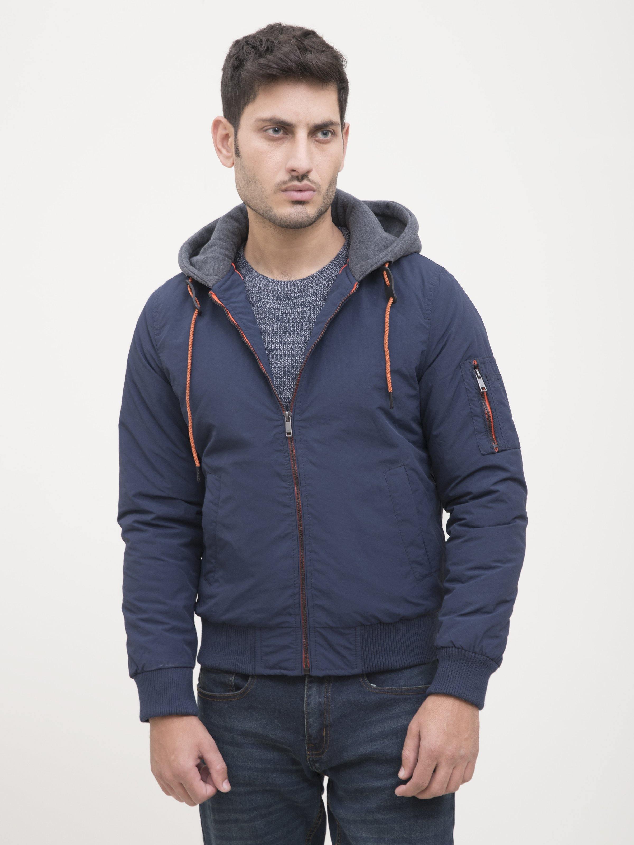 Navy full-sleeve jacket with front zip, hood drawstrings, and sleeve zip pocket