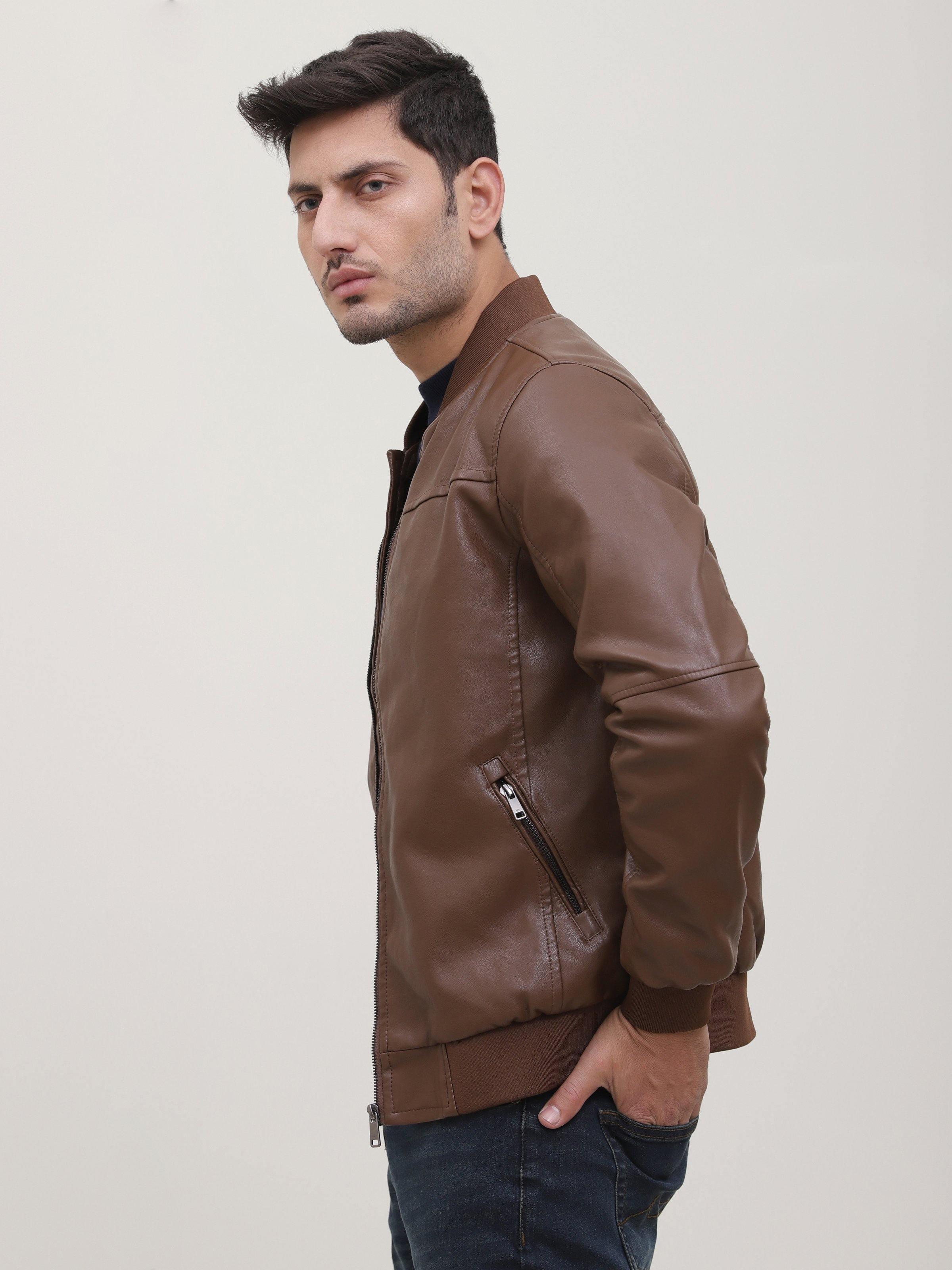 JACKET FULL SLEEVE PU LEATHER BROWN at Charcoal Clothing