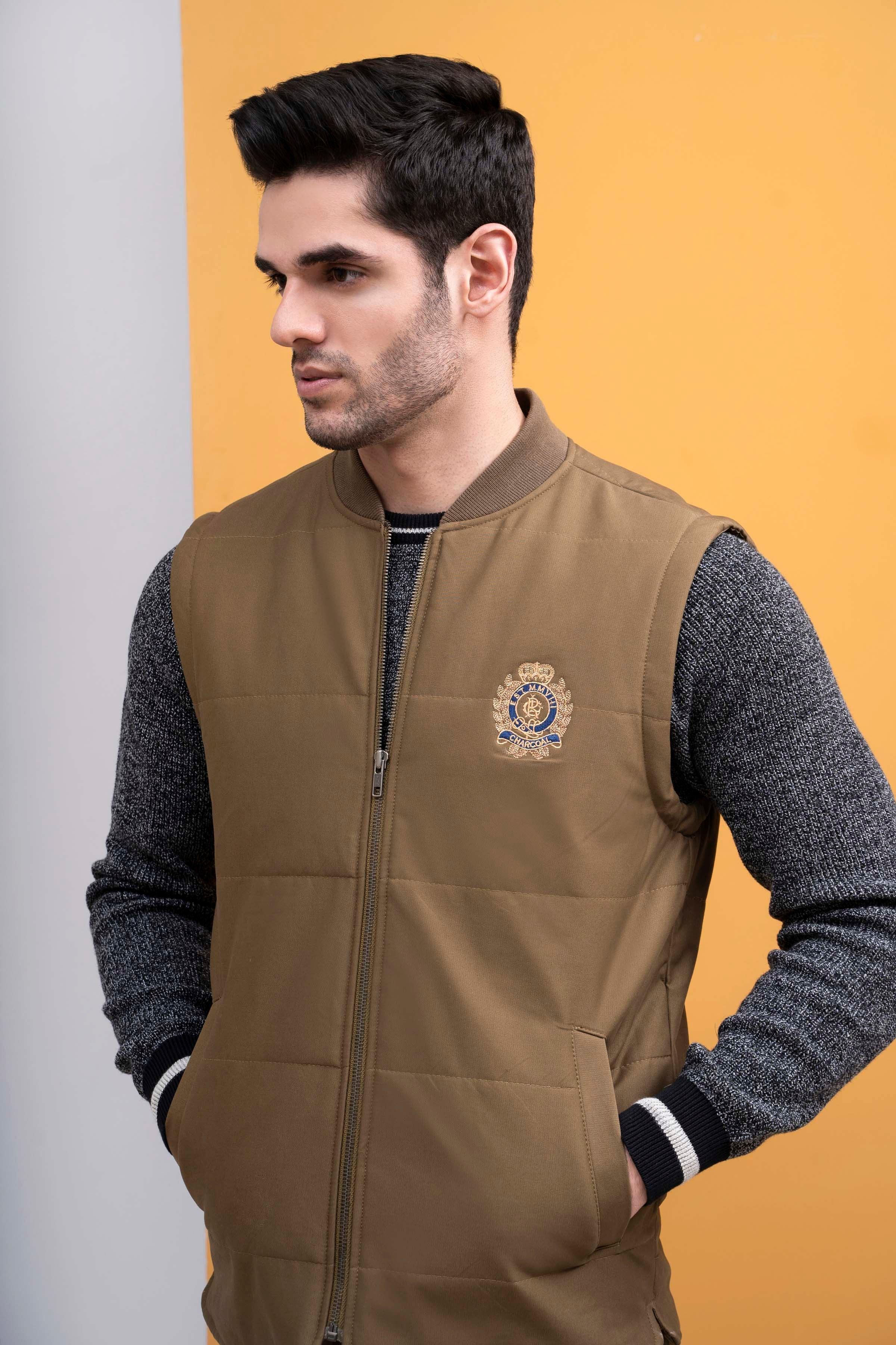 JACKET QUILTED WITH RIB BAN S/L DARK KHAKI at Charcoal Clothing