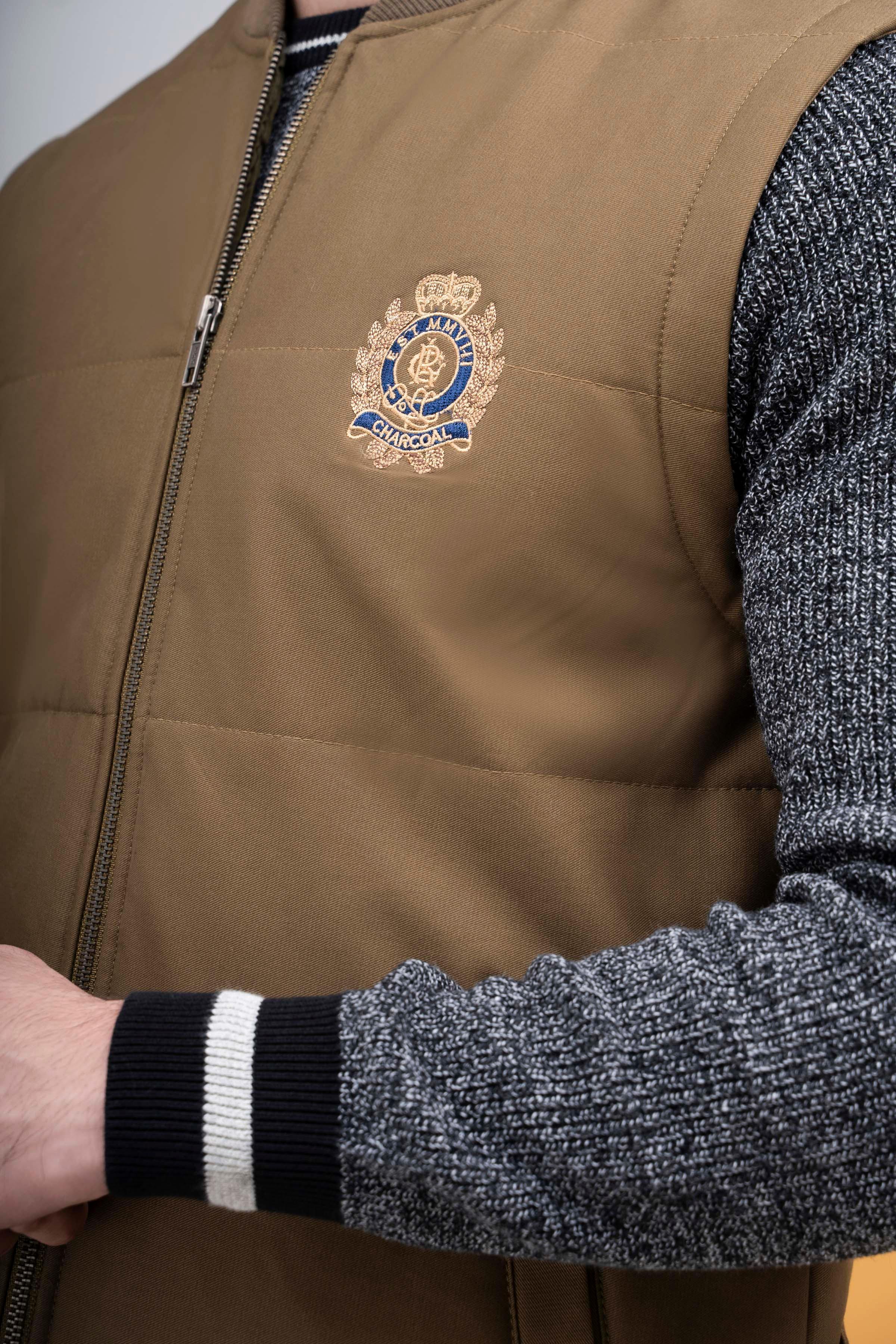 JACKET QUILTED WITH RIB BAN S/L DARK KHAKI at Charcoal Clothing